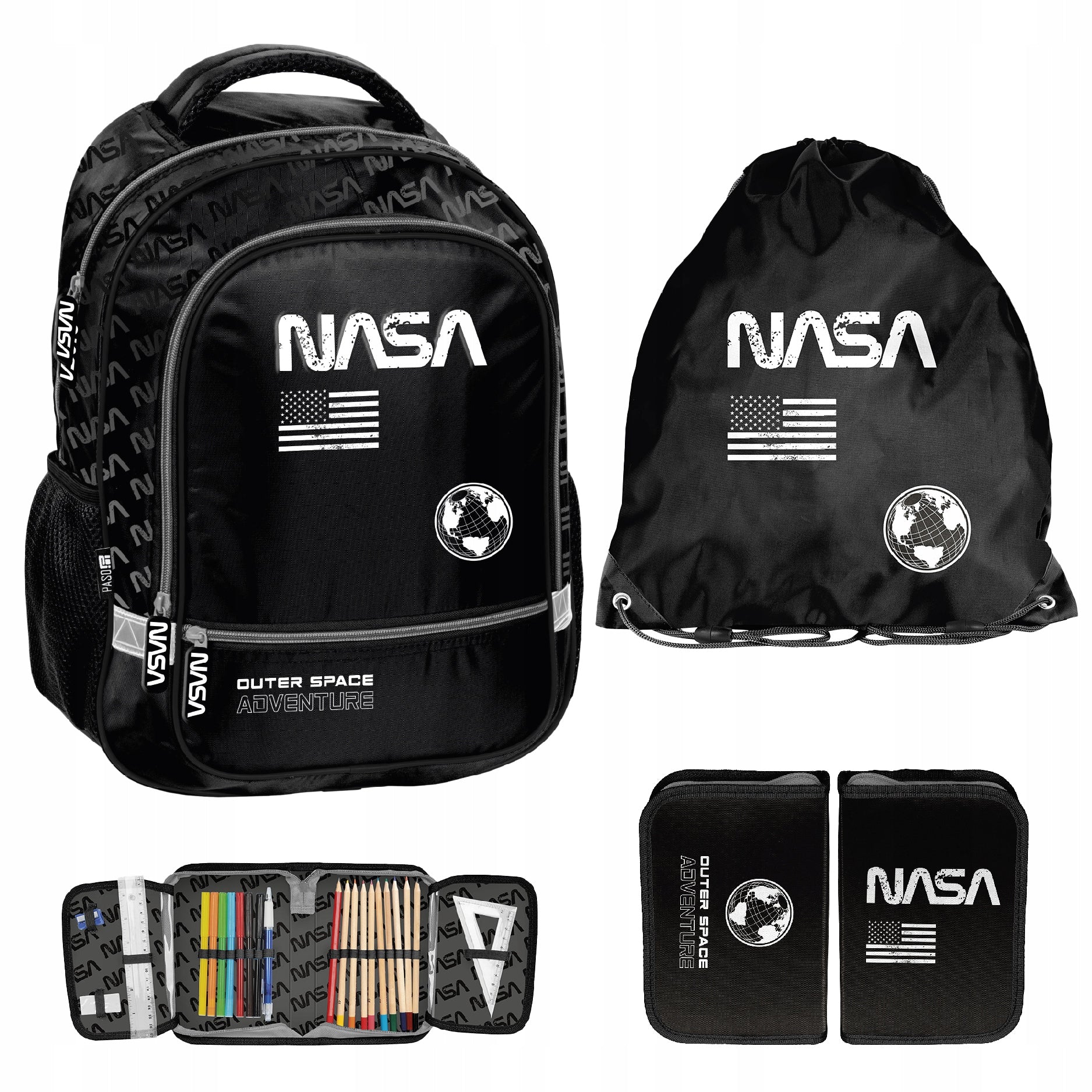 SCHOOL SET PASO NASA BACKPACK BAG PENCIL CASE BLACK ELEMENTARY BOY