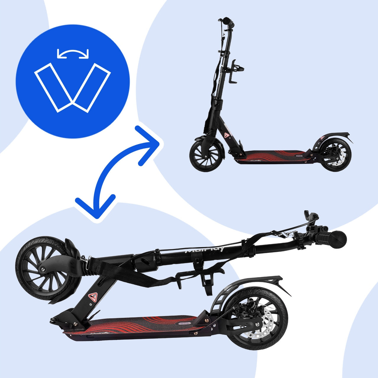 SCOOTER WITH WATER BOTTLE HOLDER DISC BRAKE FOLDING SHOCK ABSORPTION LARGE XL Brand MalPlay