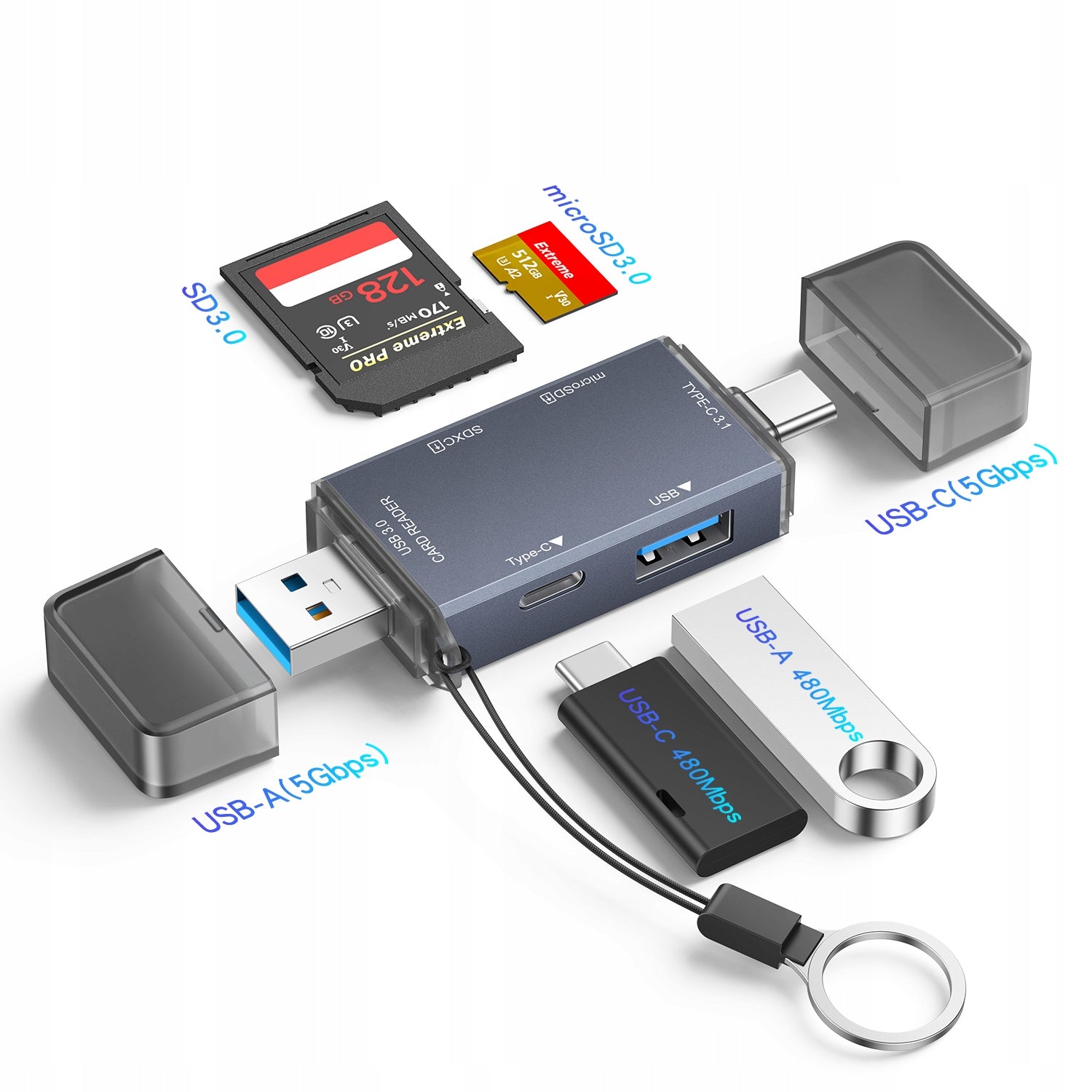 SD Memory Card Reader MicroSD OTG USB-C USB 3.0 Micro USB Adapter 6in1