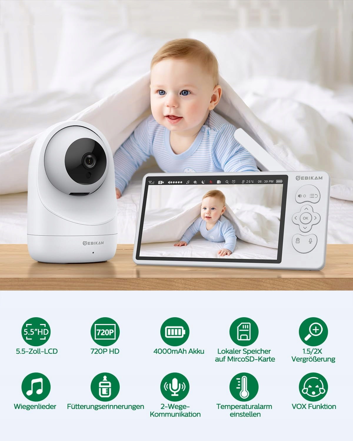 SEBIKAM Baby Monitor Camera 720P HD Screen 4000mAh VOX Night Mode Audio Packaging status original