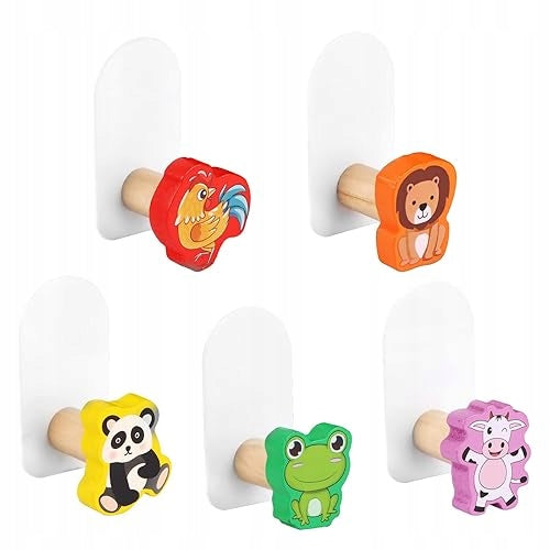 SELF ADHESIVE HOOKS WOODEN FOR CHILDREN ANIMALS 5 PIECES metal