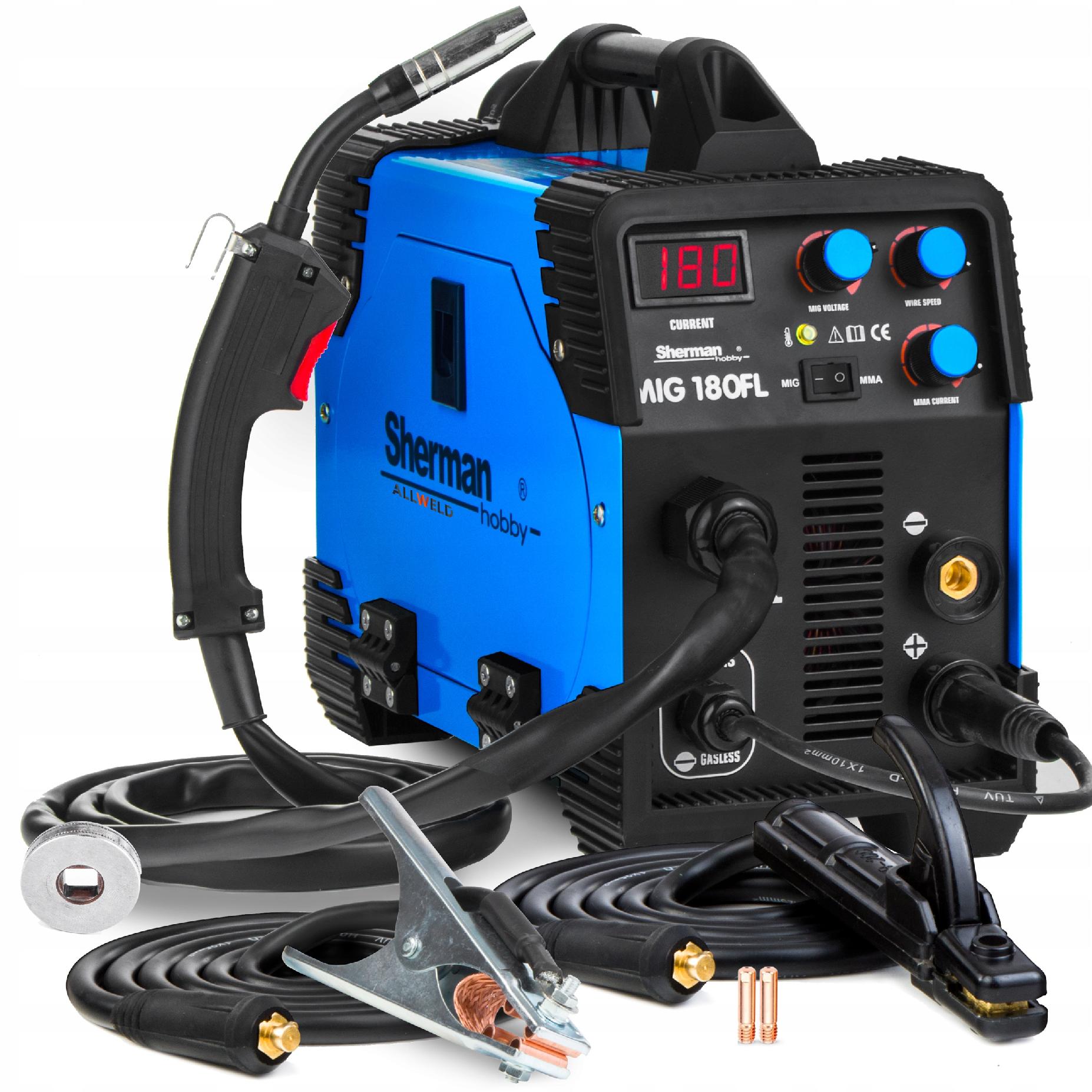 SEMI-AUTOMATIC WELDING MACHINE SHERMAN MIG 180FL GAS-FREE MAG MMA FLUX IGBT 230V