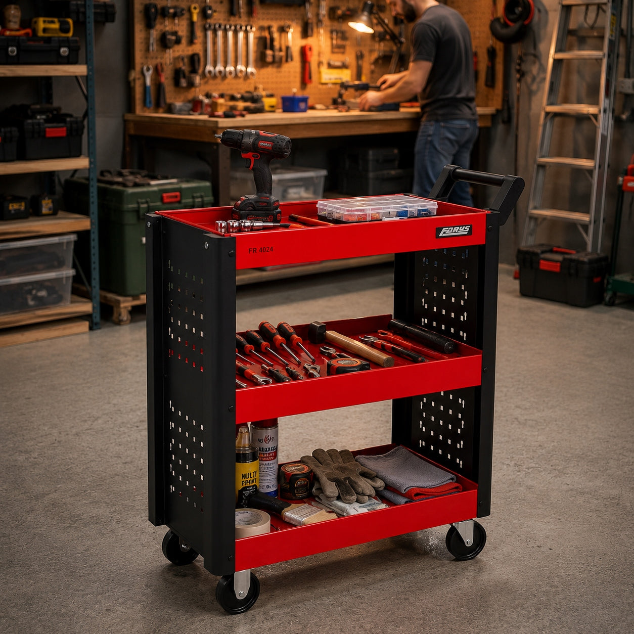 SERVICE WORKSHOP TOOL TROLLEY ON WHEELS 3 STEEL SHELVES FARYS Manufacturer code FR4024