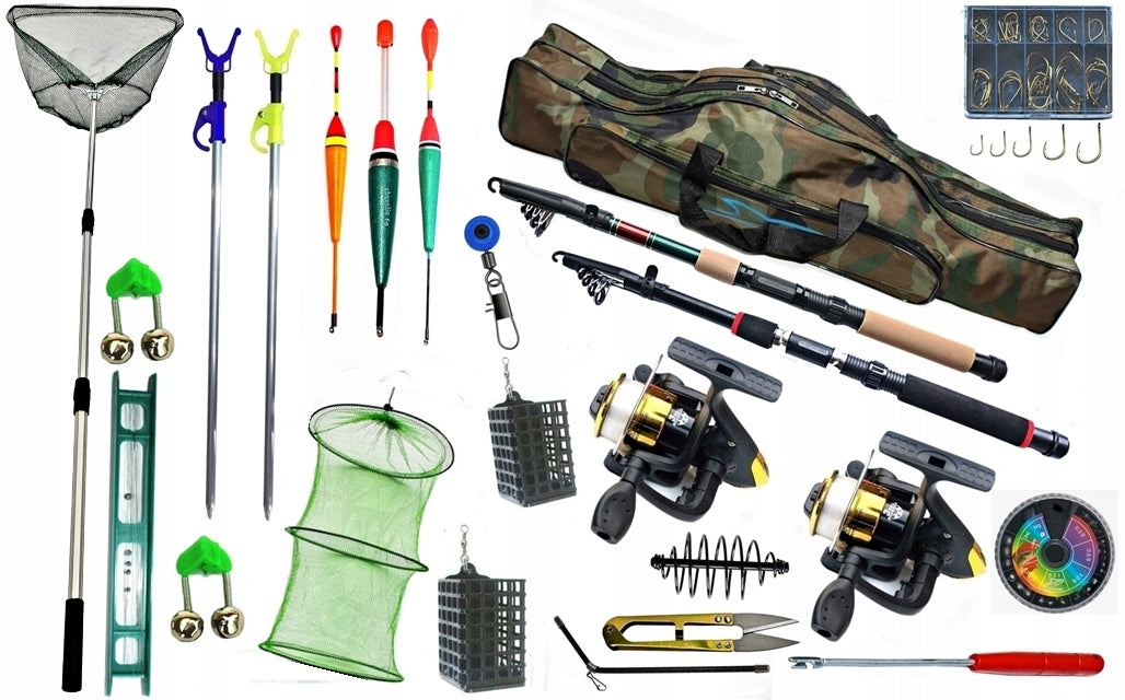 SET 42 - TWO RODS + TWO REELS LANDING NET COVER AKCESORIA.