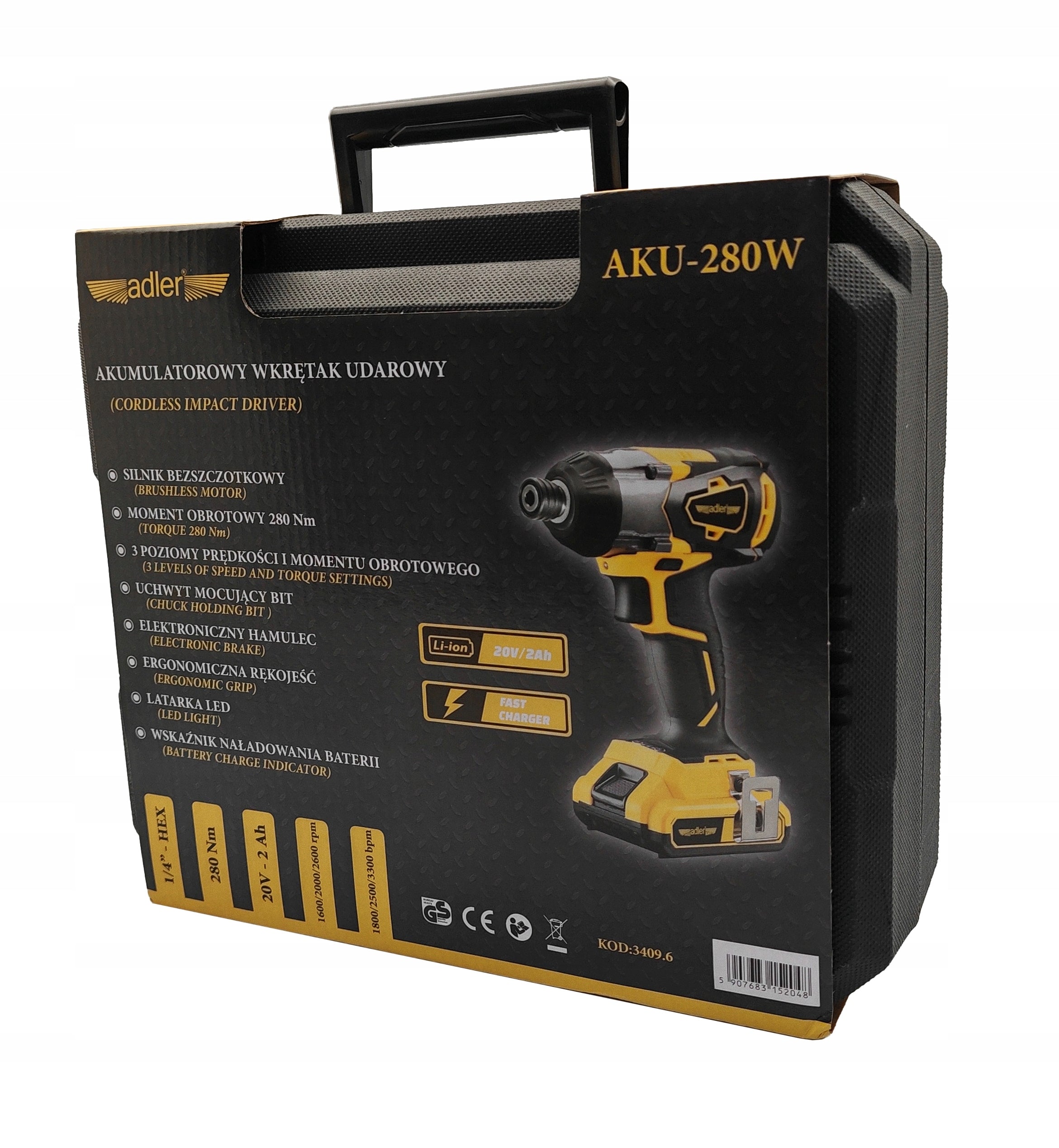 SET Cordless Impact Driver 280Nm ADLER AKU-280W/20V-2Ah Manufacturer code 3409.6