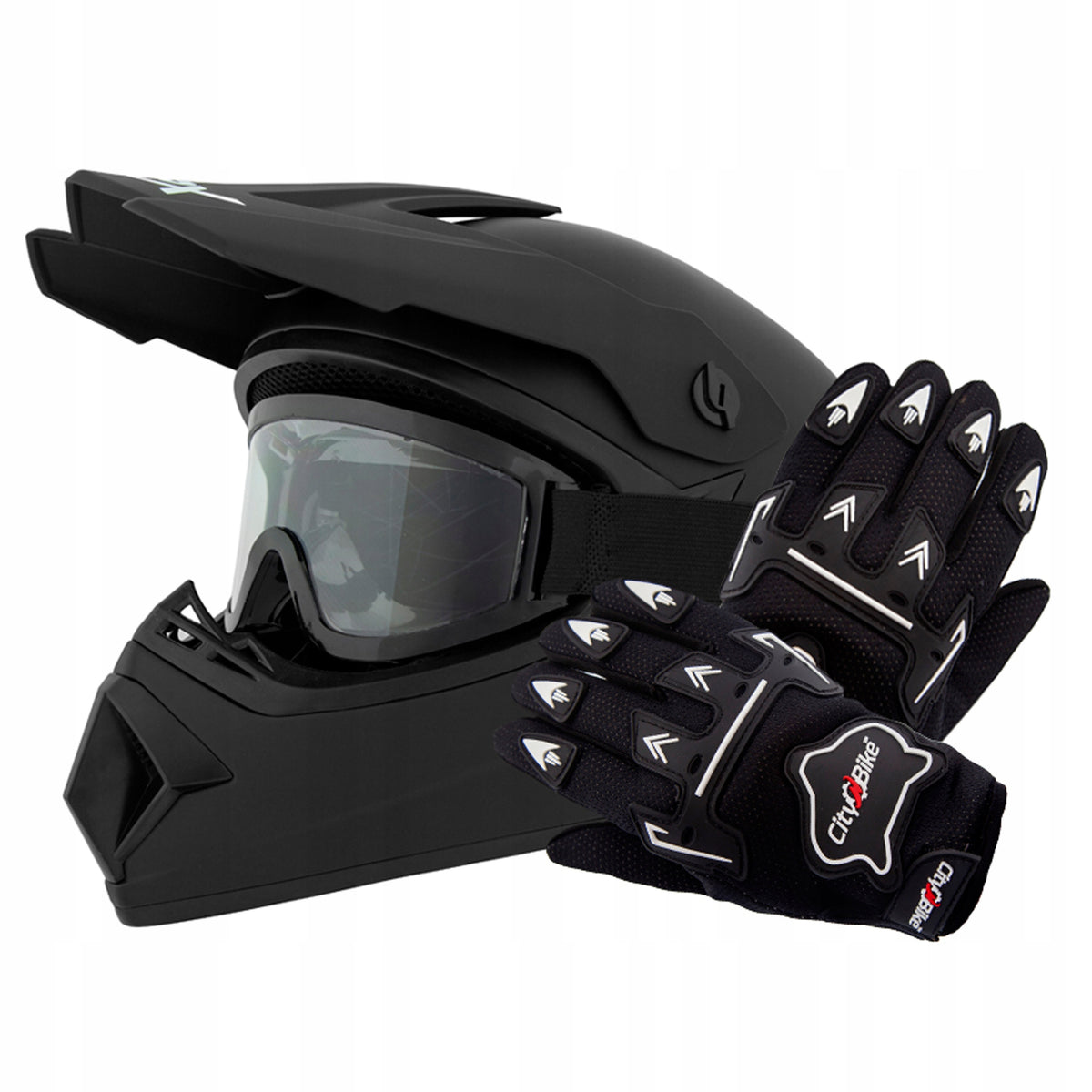 SET ENDURO HELMET+GOGLES+GLOVES FOR CROSS QUAD BMX SCOOTER BLACK MAT L