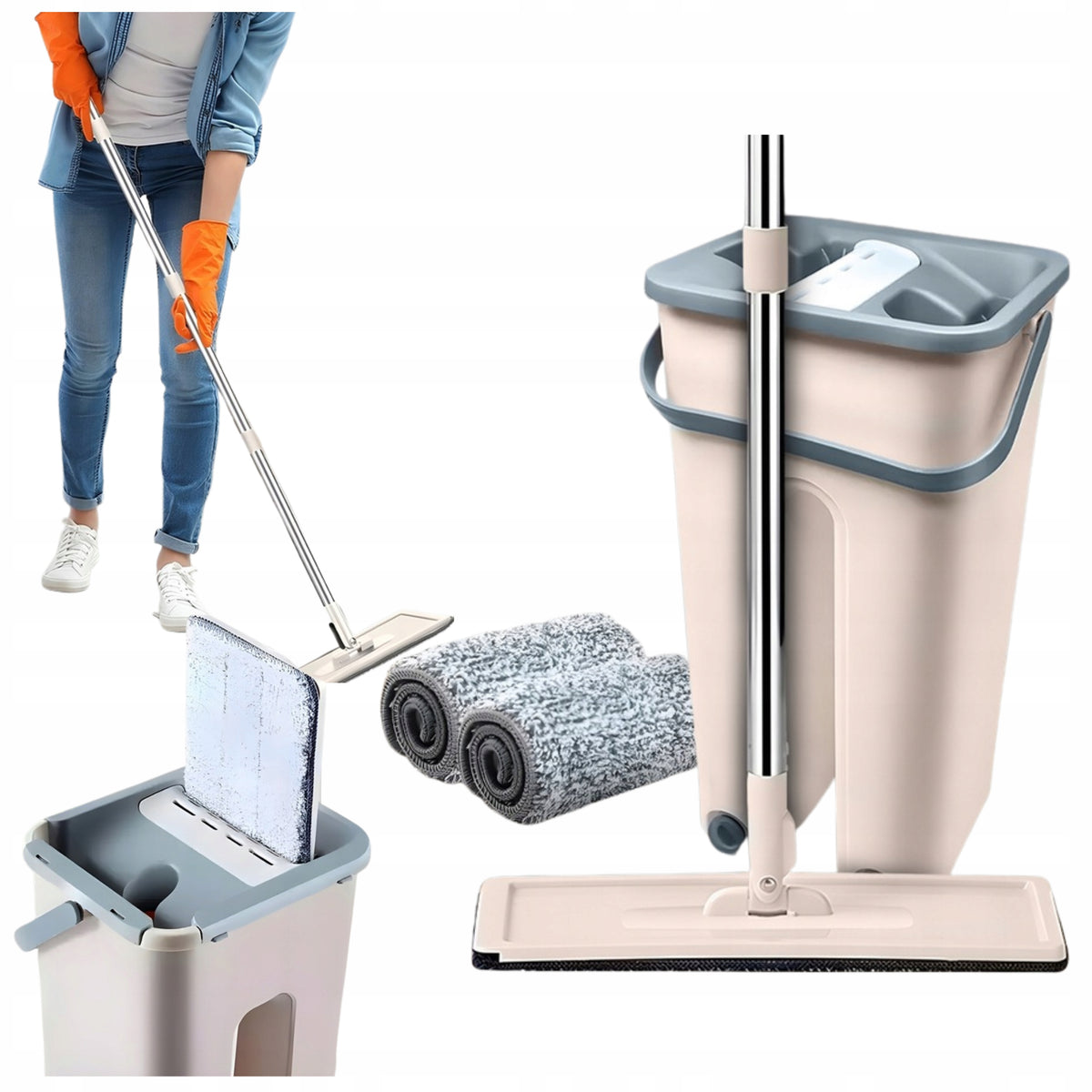 SET FLAT MOP WITH TWO-CHAMBER BUCKET SQUEEZER 2 MICROFIBER CARTRIDGES