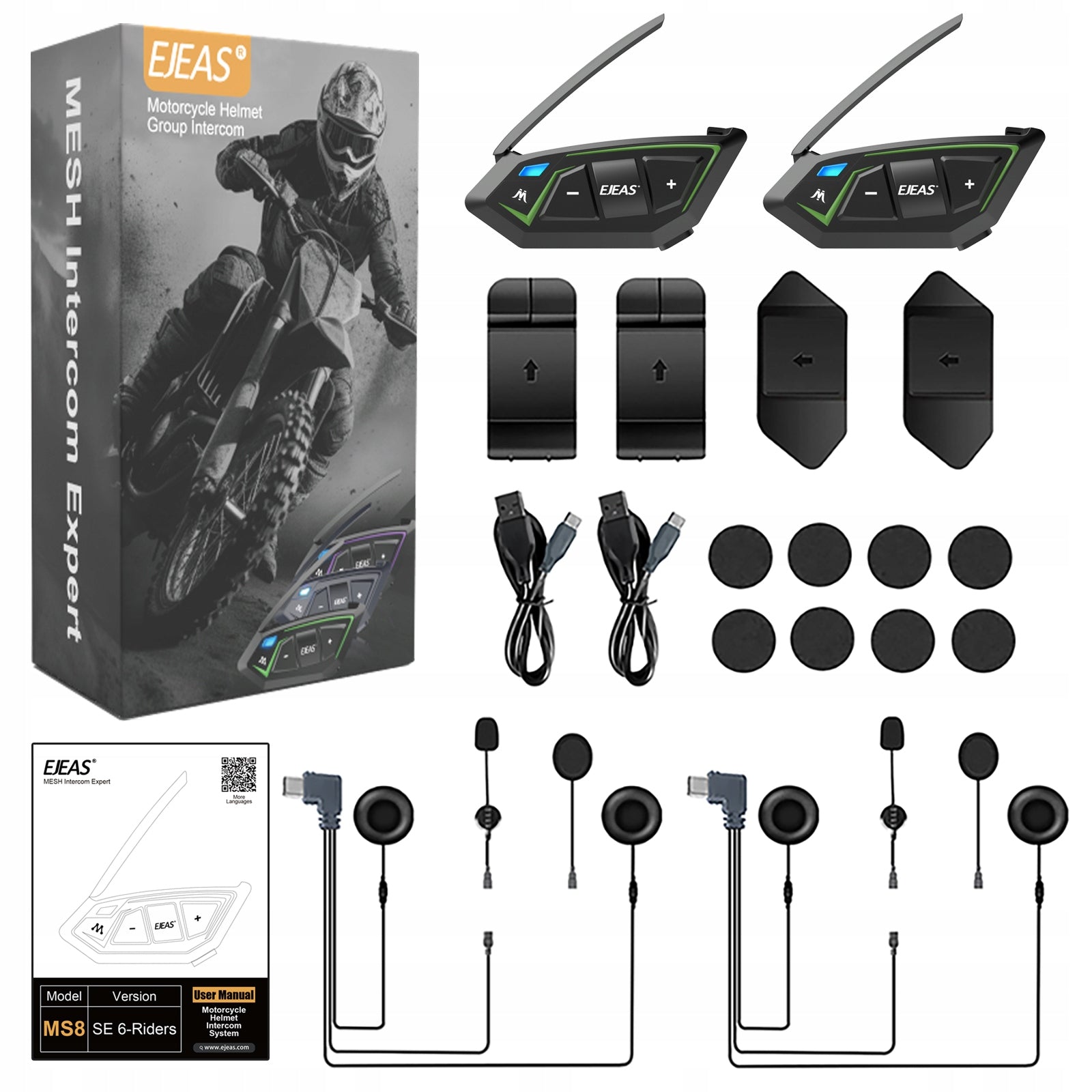 SET FOR 2 EJEAS MS8-SE HELMET MOTORCYCLE INTERCOM MAX 6 PEOPLE 1000M MESH