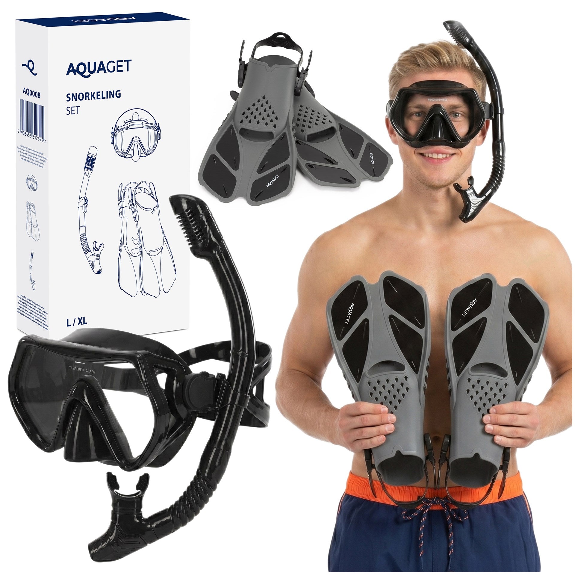 SET FOR DIVING snorkeling swimming MASK SNORKEL FINS glasses glass Brand AQUAGET
