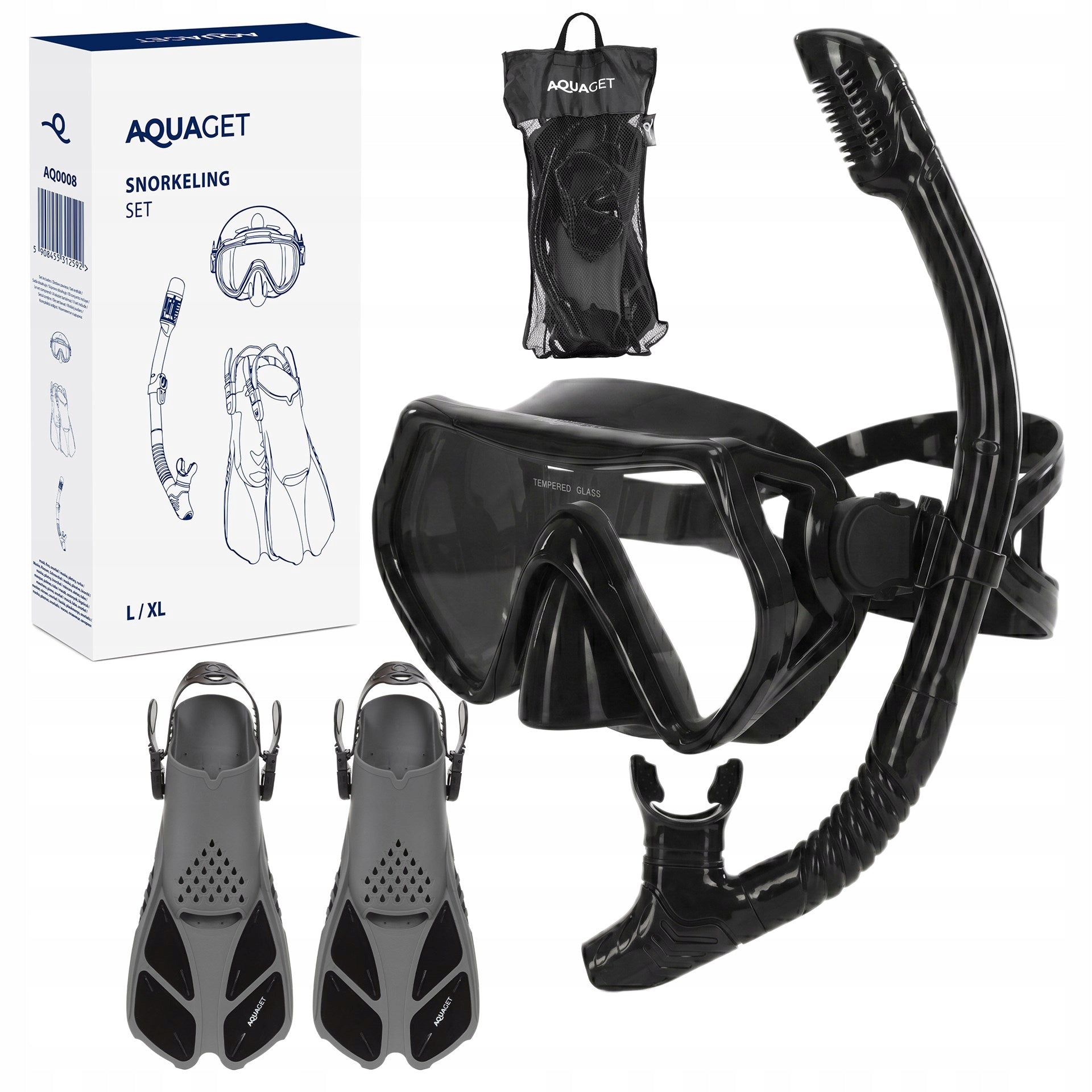 SET FOR DIVING snorkeling swimming MASK SNORKEL FINS glasses glass Model AQ0008 ZESTAW DO NURKOWANIA
