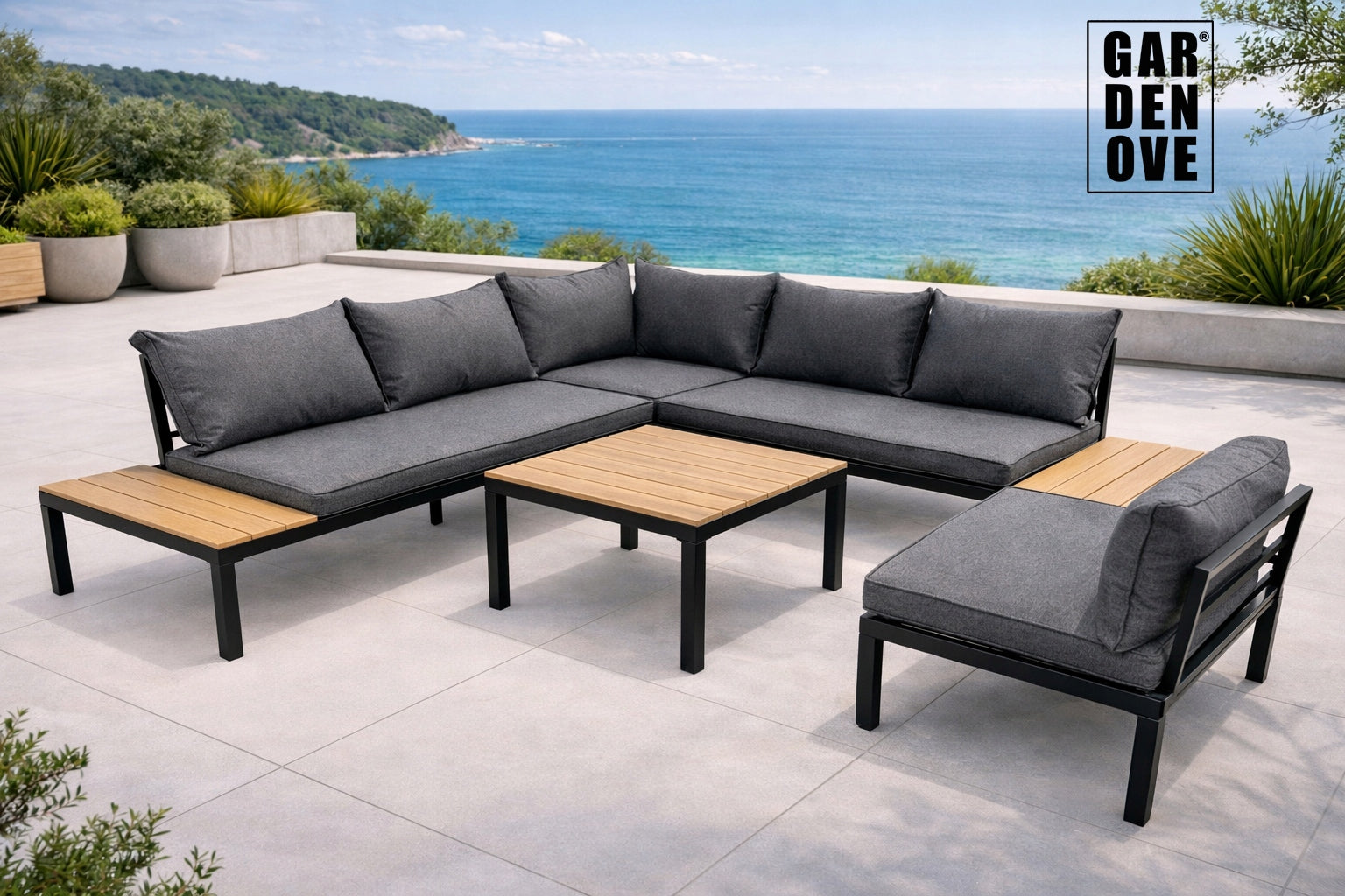 SET GARDEN FURNITURE CORNER 6 PERSONS SOFA TABLE + ARMCHAIR Packaging status original