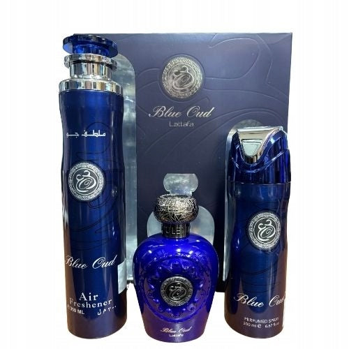 SET LATTAFA BLUE OUD 100ML EDP PERFUMED DEODORNATE 200ML REFRESHMENT 300ML