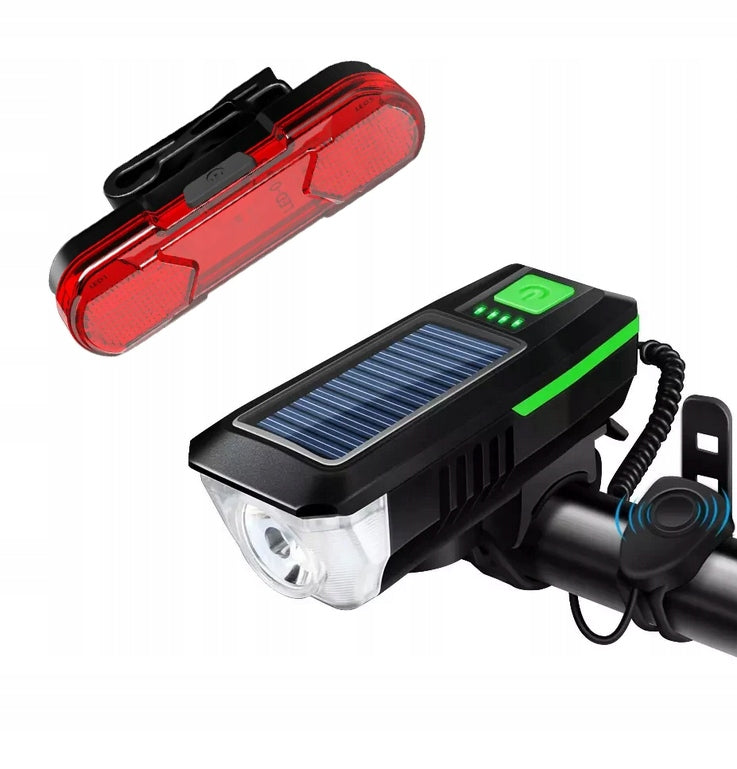 SET LED BICYCLE LIGHT SOLAR USB HORN BELL + REAR LAMP STRONG