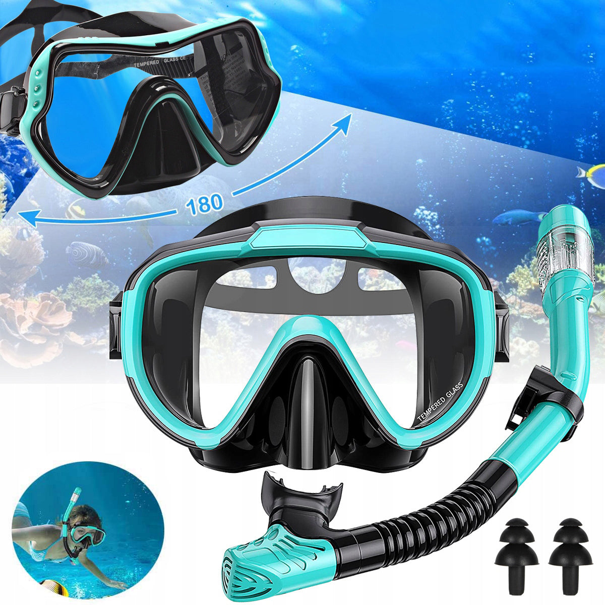SET MASK AND SNORKEL DIVING GLASSES AND SNORKELING TUBE adult Packaging status original