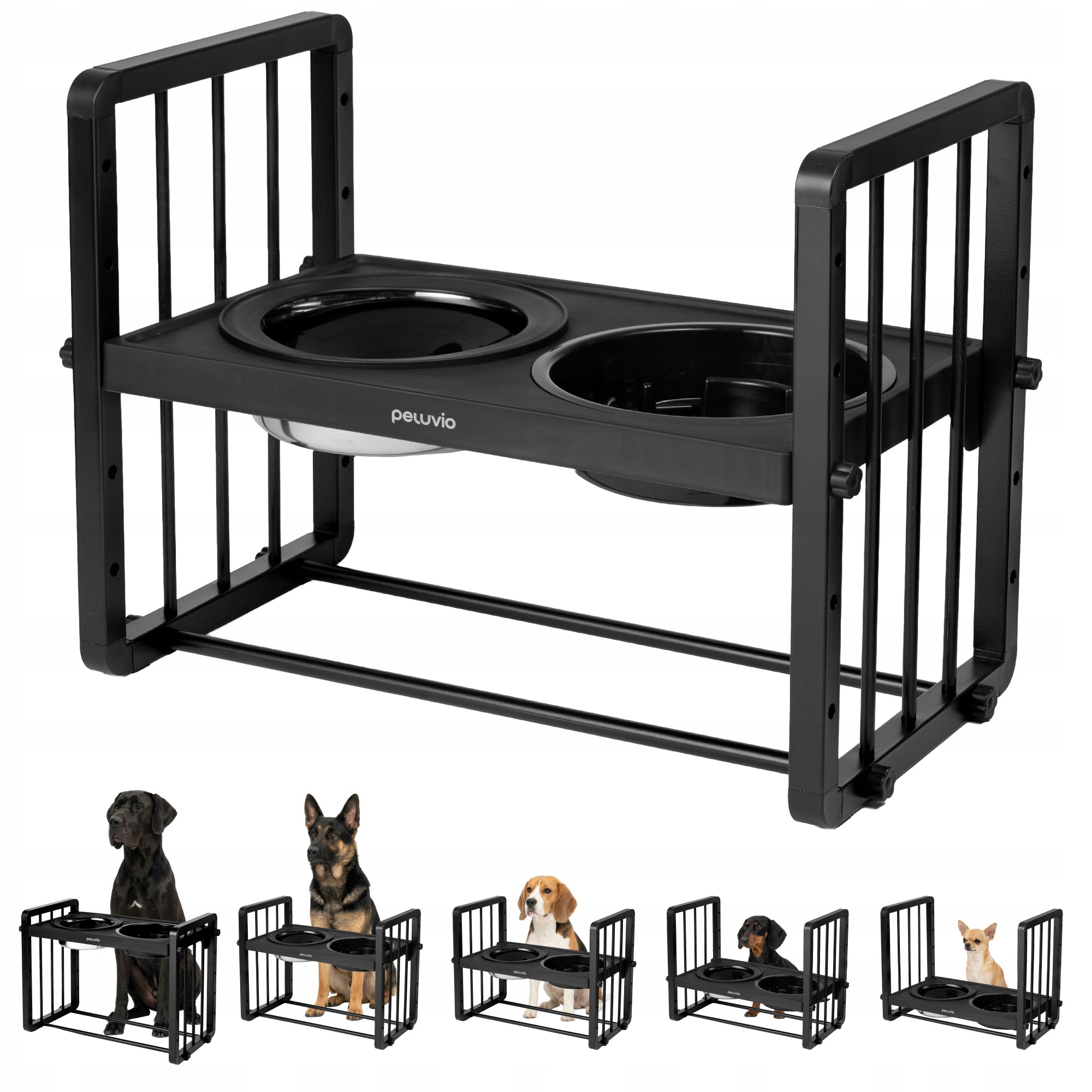 SET OF 2 Bowls on Stand ADJUSTABLE DOG Bowl RACK Peluvio Levee