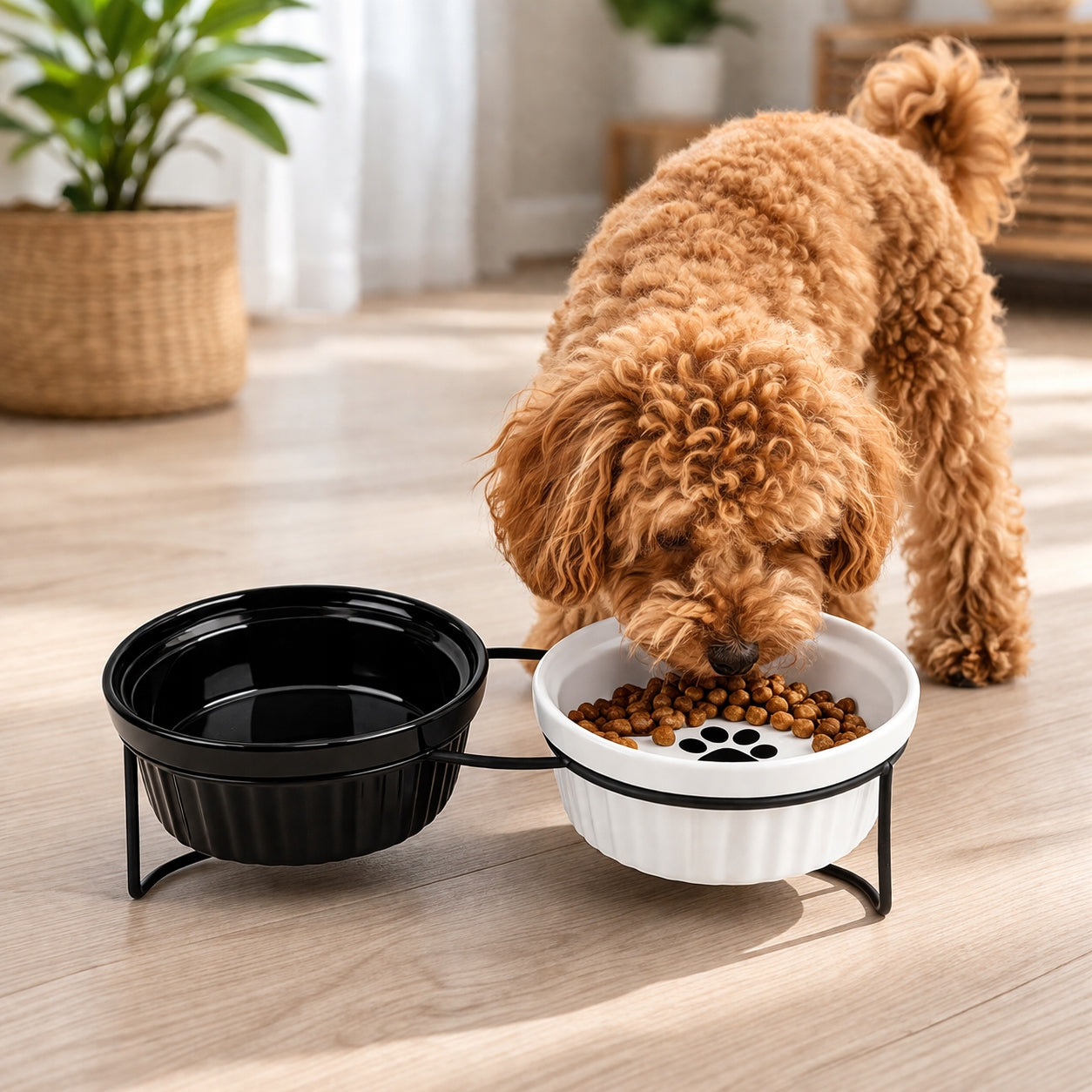 SET OF 2 CERAMIC BOWLS ON STEEL STAND FOR DOG AND CAT 2x300 ml Packaging status original