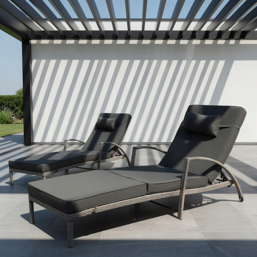 SET OF 2 GARDEN SUN LOUNGERS XL-2505 GREY RATTAN + GREY CUSHIONS Color gray