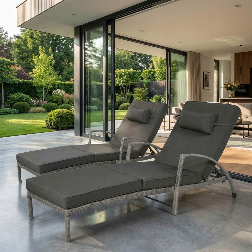 SET OF 2 GARDEN SUN LOUNGERS XL-2505 GREY RATTAN + GREY CUSHIONS Model IdeakGarden