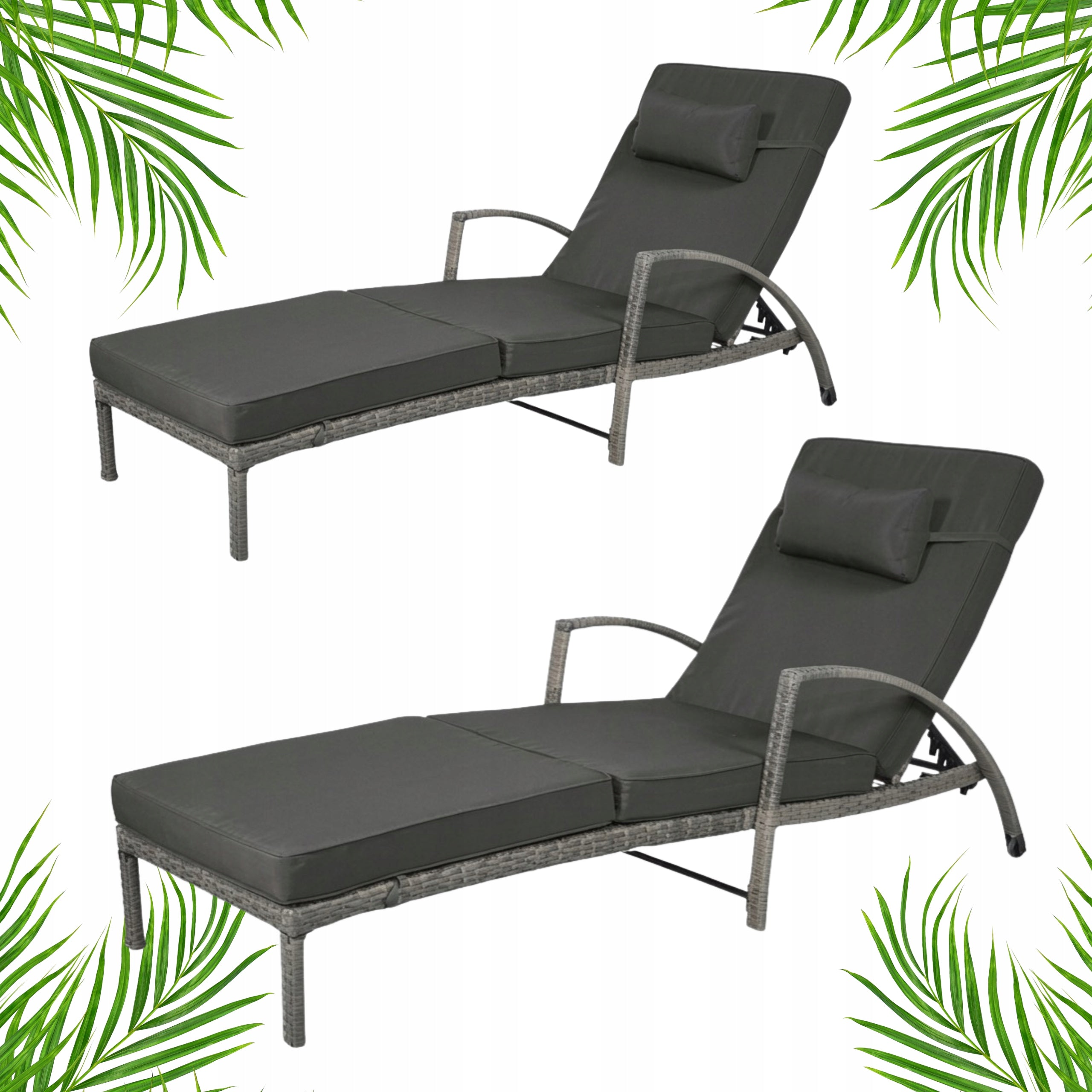 SET OF 2 GARDEN SUN LOUNGERS XL-2505 GREY RATTAN + GREY CUSHIONS