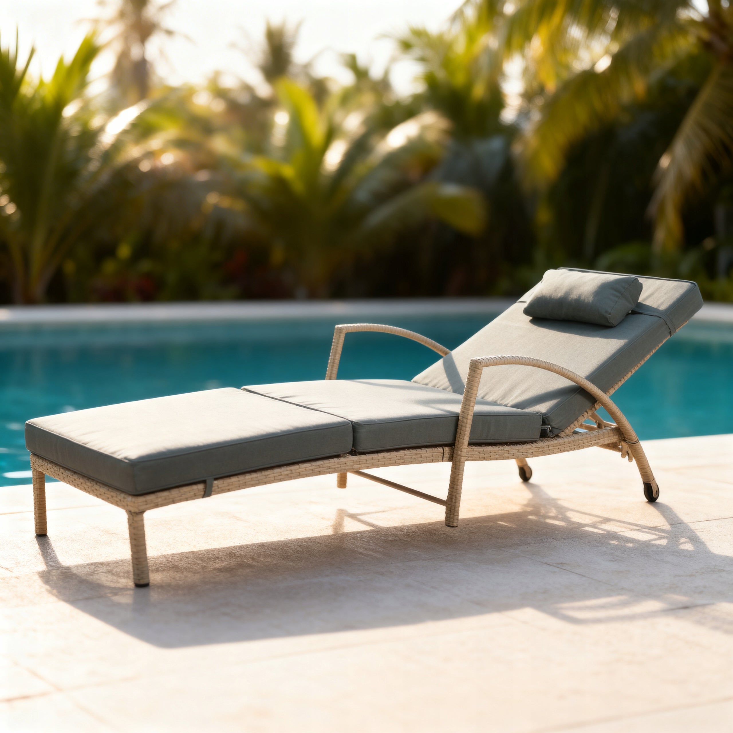 SET OF 2 GARDEN SUN LOUNGERS XL-2505 NATURAL RATTAN + GREY CUSHIONS Frame material synthetic rattan