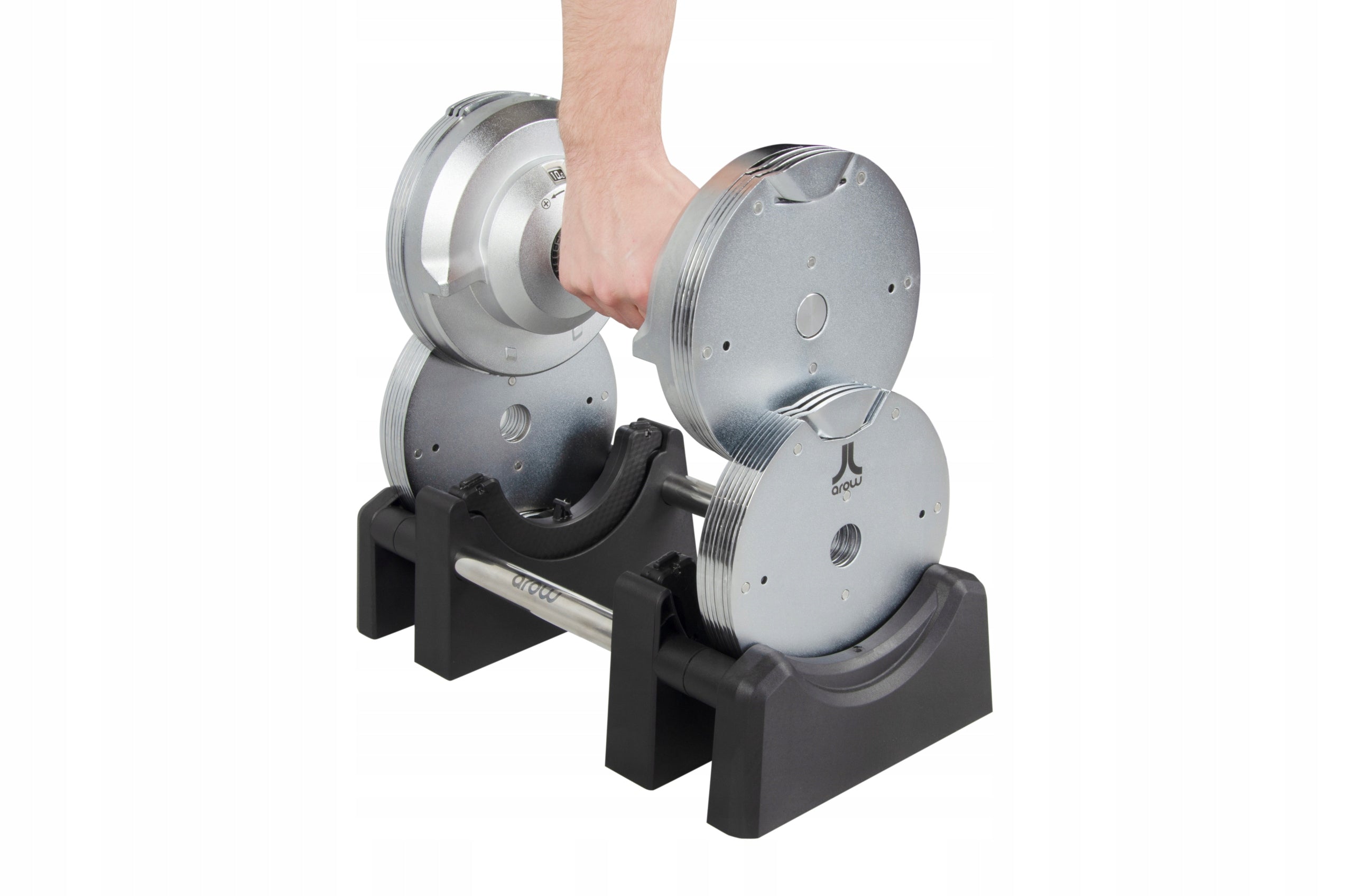 SET OF 2X ADJUSTABLE DUMBBELL 23,5 kg Barbell Silver adjustment every 1,5kg Weight adjustment range 4–23.5 kg