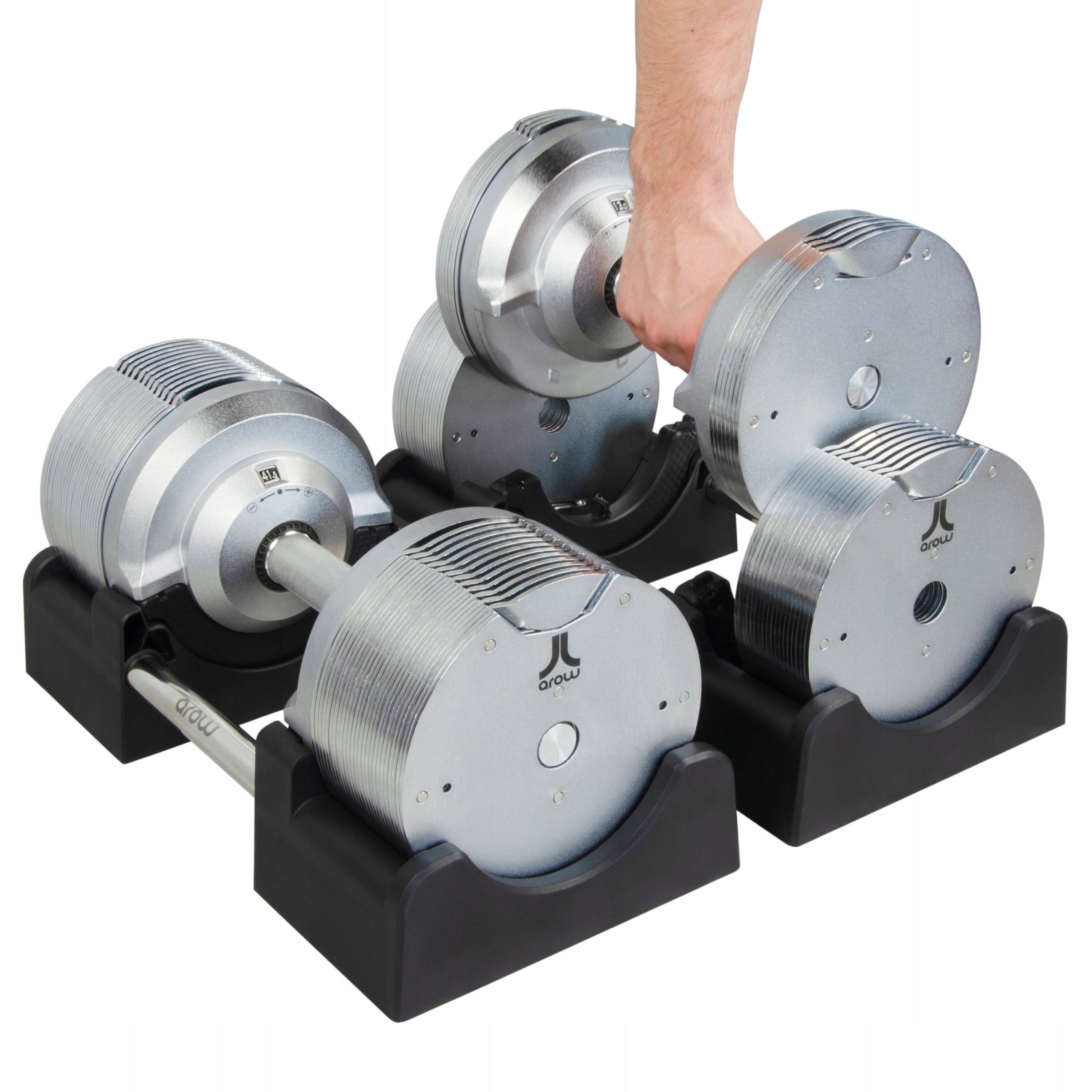 SET OF 2X ADJUSTABLE DUMBBELLS SILVER 41,5KG + BLACK DUMBBELL STAND 100KG Accessory equipment racks