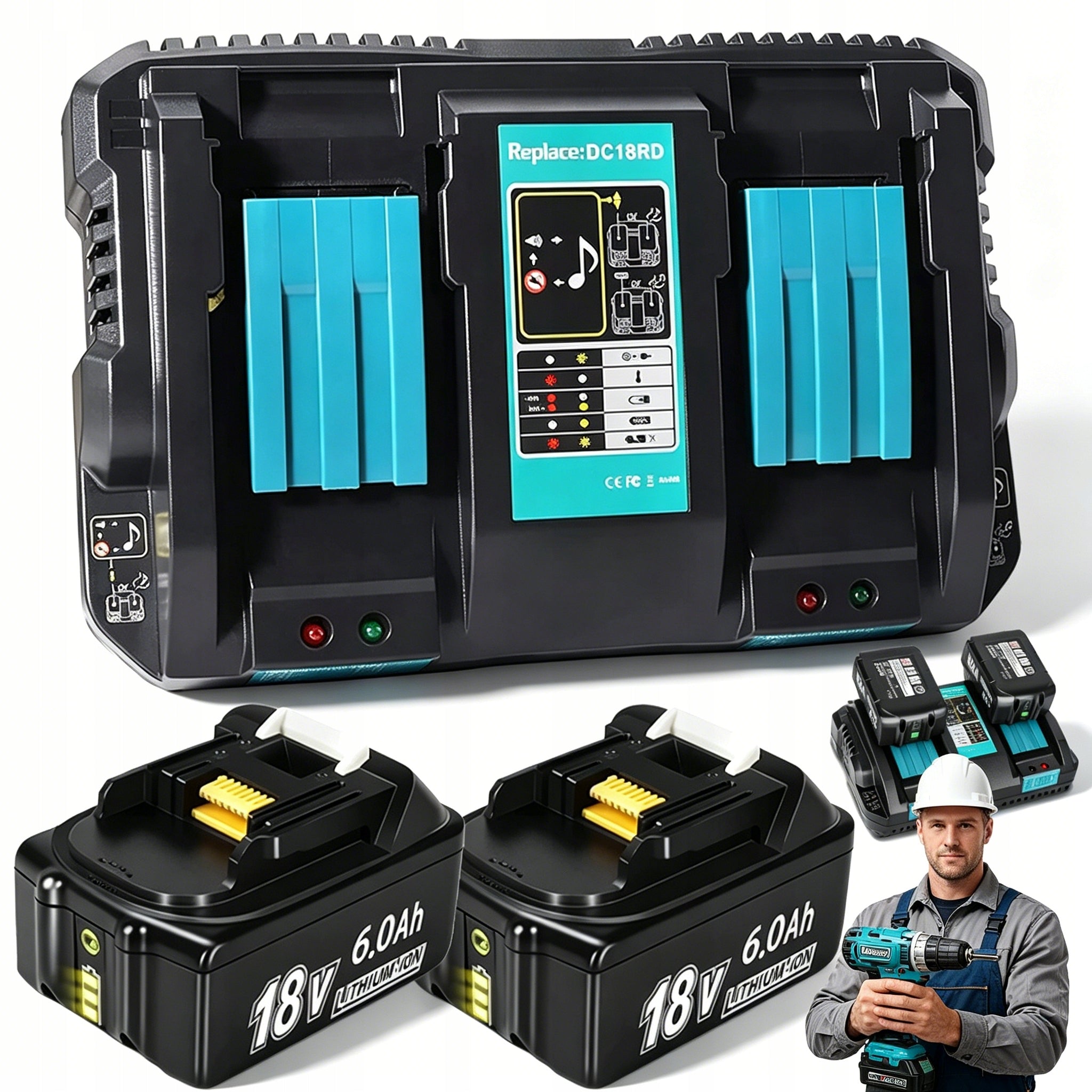 SET OF 2X BATTERY 18V 6000MAH + DOUBLE CHARGER MAKITA