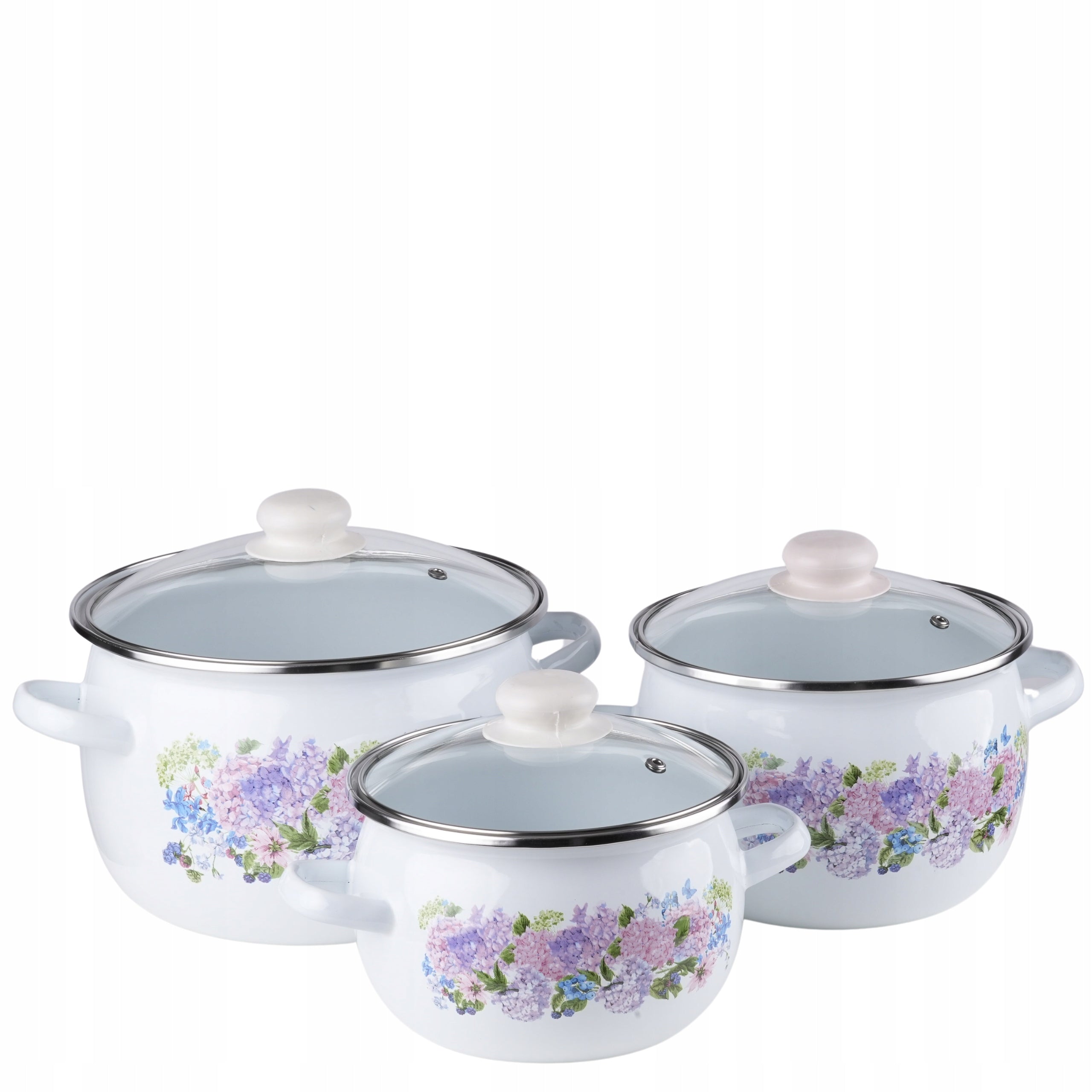 SET OF 3 ENAMEL POTS + COVERS INDUCTION GAS ENAMEL POTS 6EL Brand Emalia Rybnik