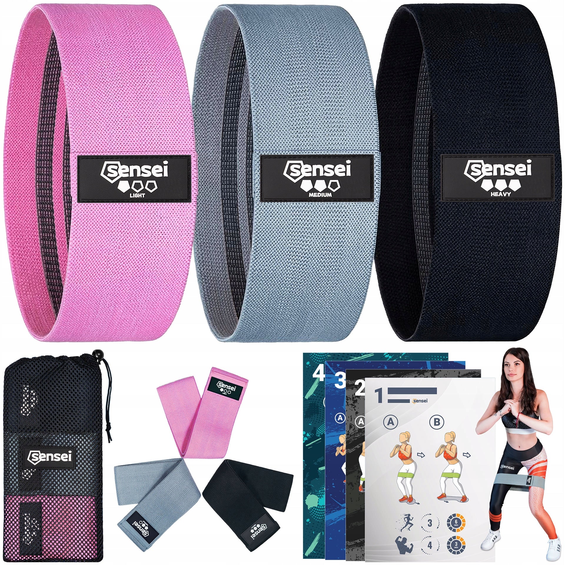 SET OF 3 HIP BAND RUBBERS, MATERIAL RUBBERS FOR EXERCISE, RESISTANCE BANDS 36 cm