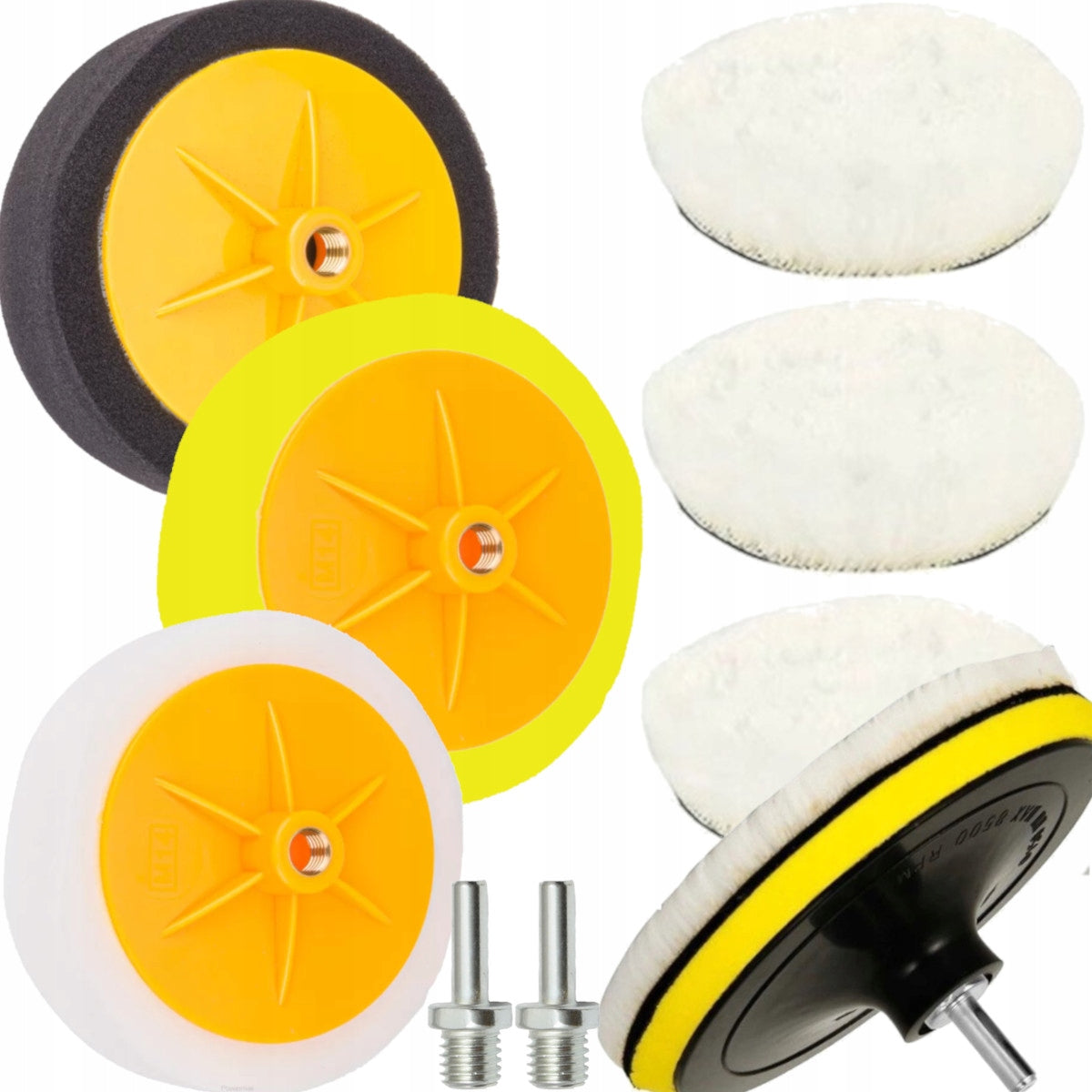 SET OF 3 X FUR + 3 X SPONGE POLISHING PADS 150 MM VELCRO SCREWDRIVER