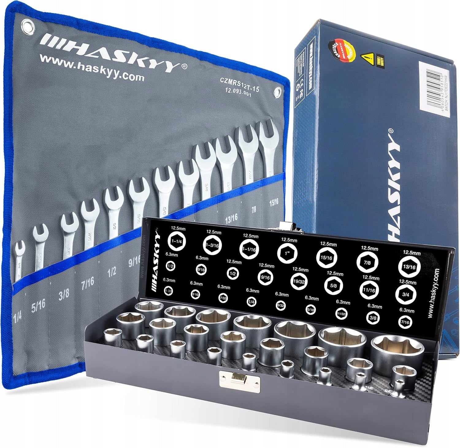 SET OF 36 INCH SOCKETS + FLAT-EYE WRENCHES METAL BOX
