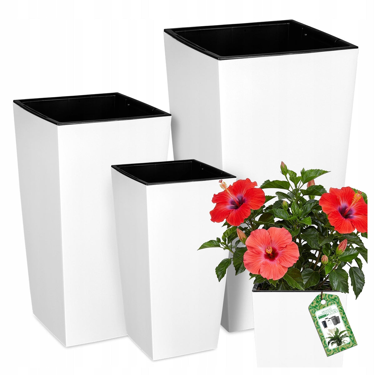 SET OF 3X POT PLANTER WHITE GARDEN FLOWERBED STANDING TERRACE WITH INSERTS