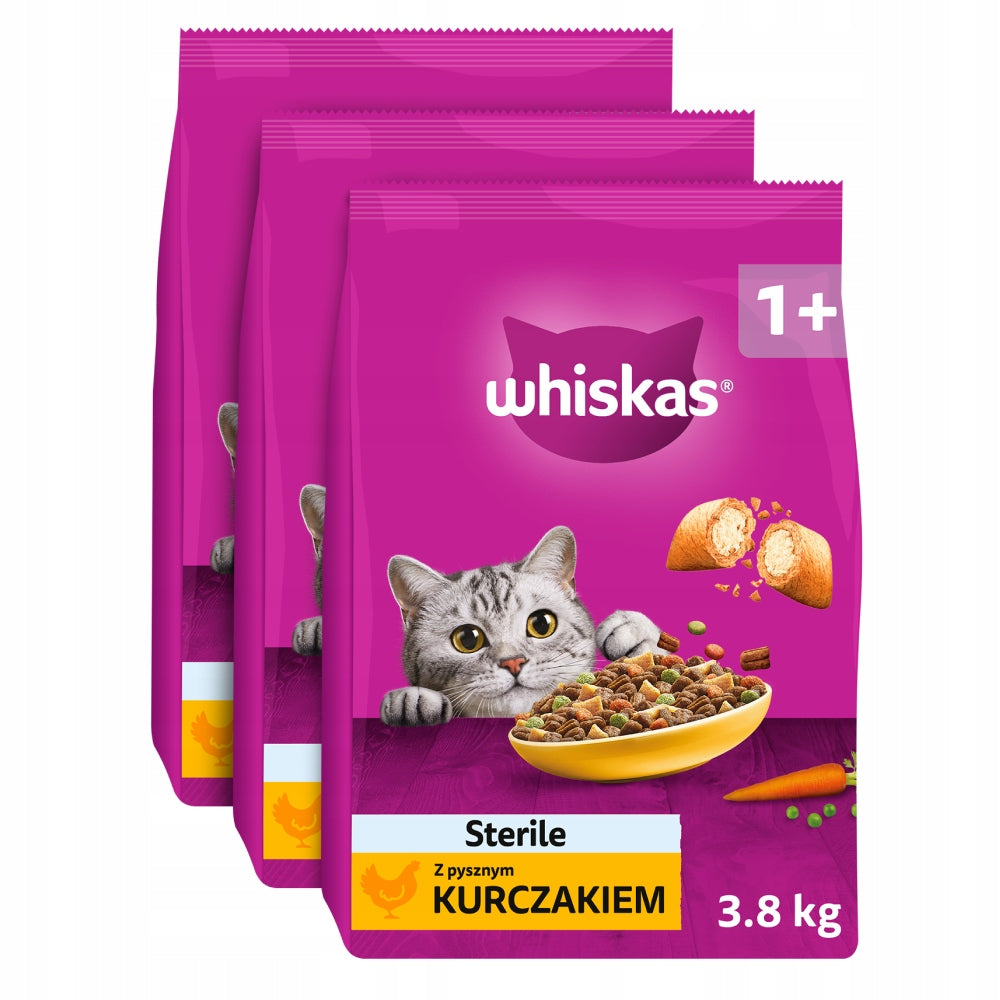 SET OF 3X WHISKAS STERILE WITH DELICIOUS CHICKEN - DRY CAT FOOD 3,8KG