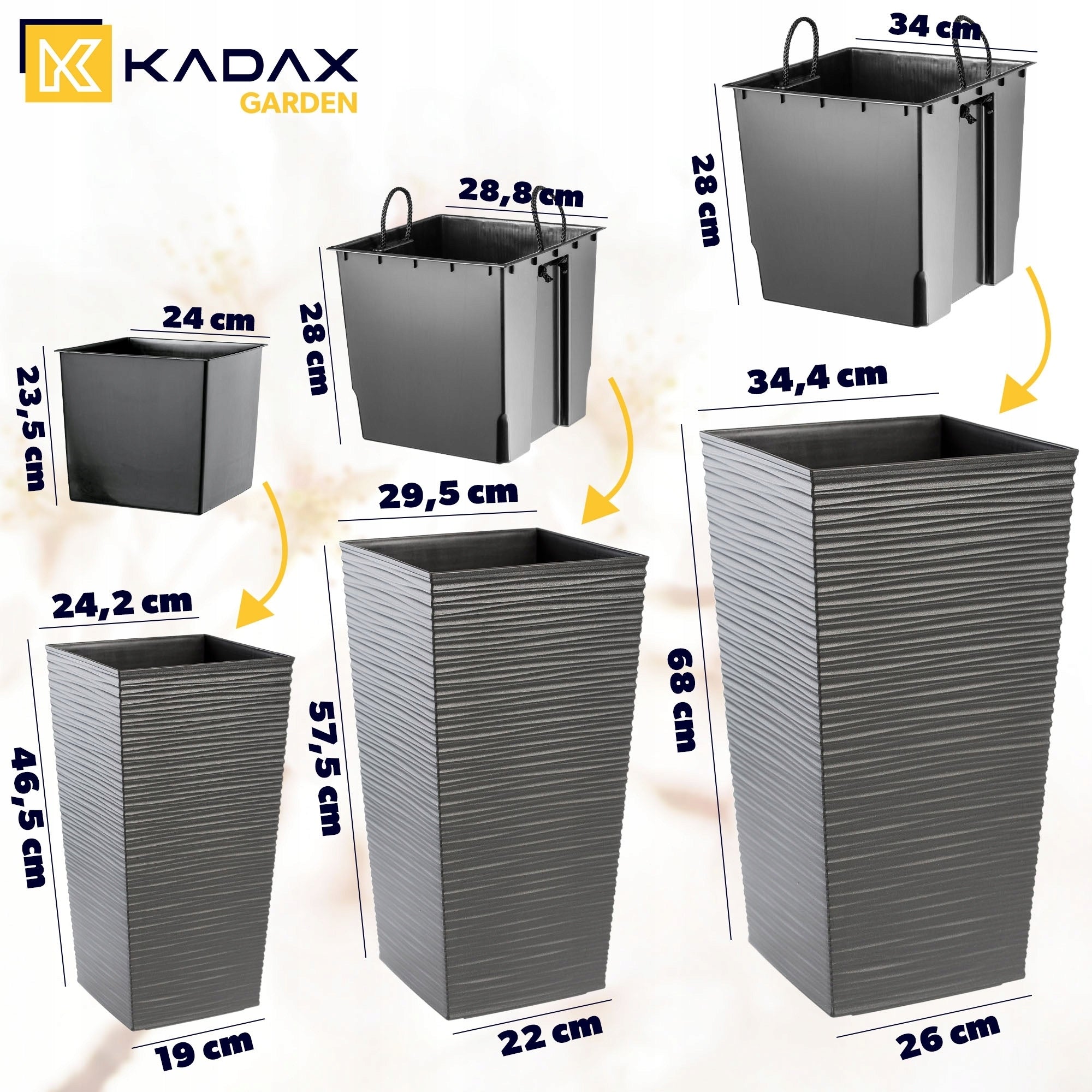 SET OF 3x GARDEN PLANTER LARGE HIGH + CARTRIDGE GRAPHITE 47+57+68 cm Brand Kadax
