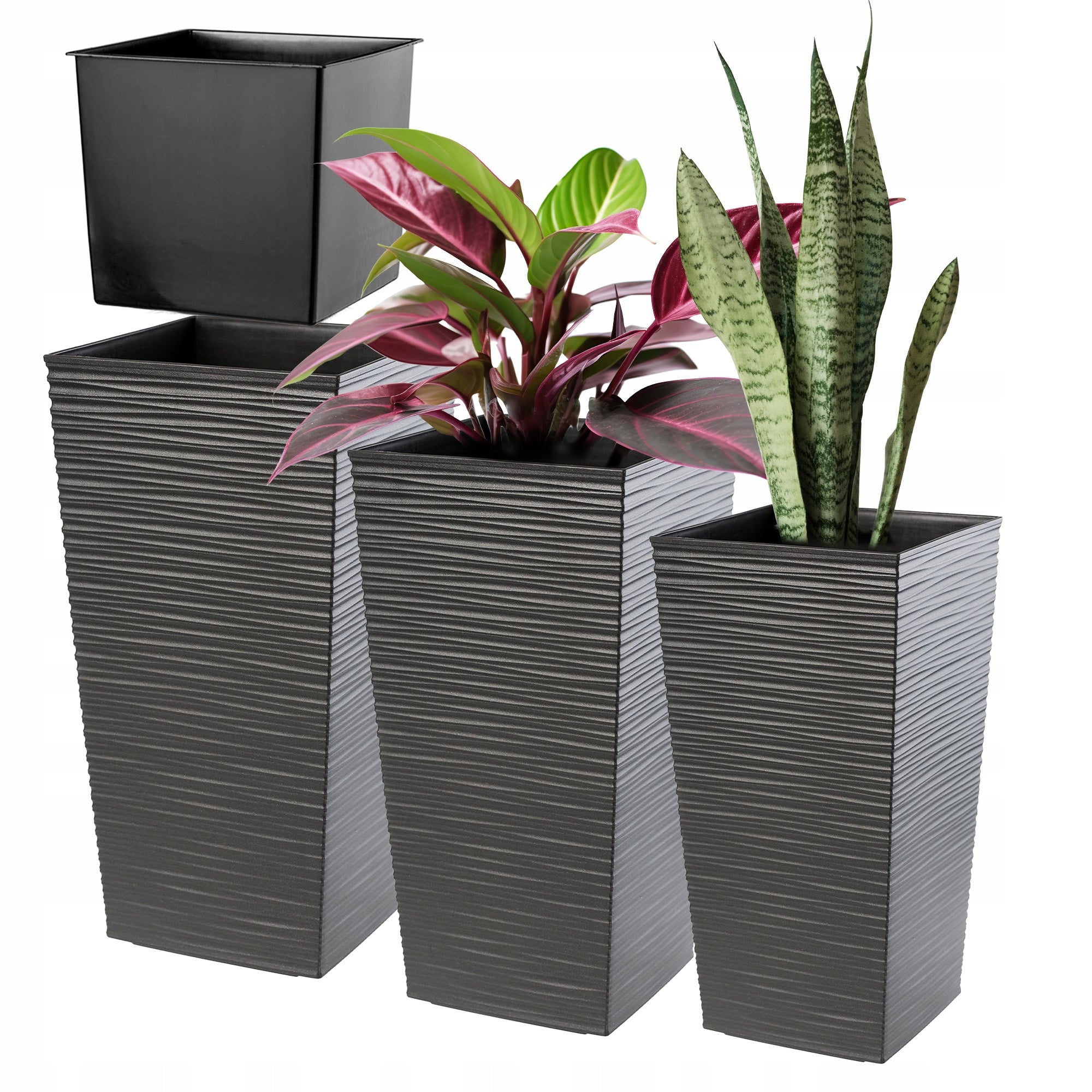 SET OF 3x GARDEN PLANTER LARGE HIGH + CARTRIDGE GRAPHITE 47+57+68 cm