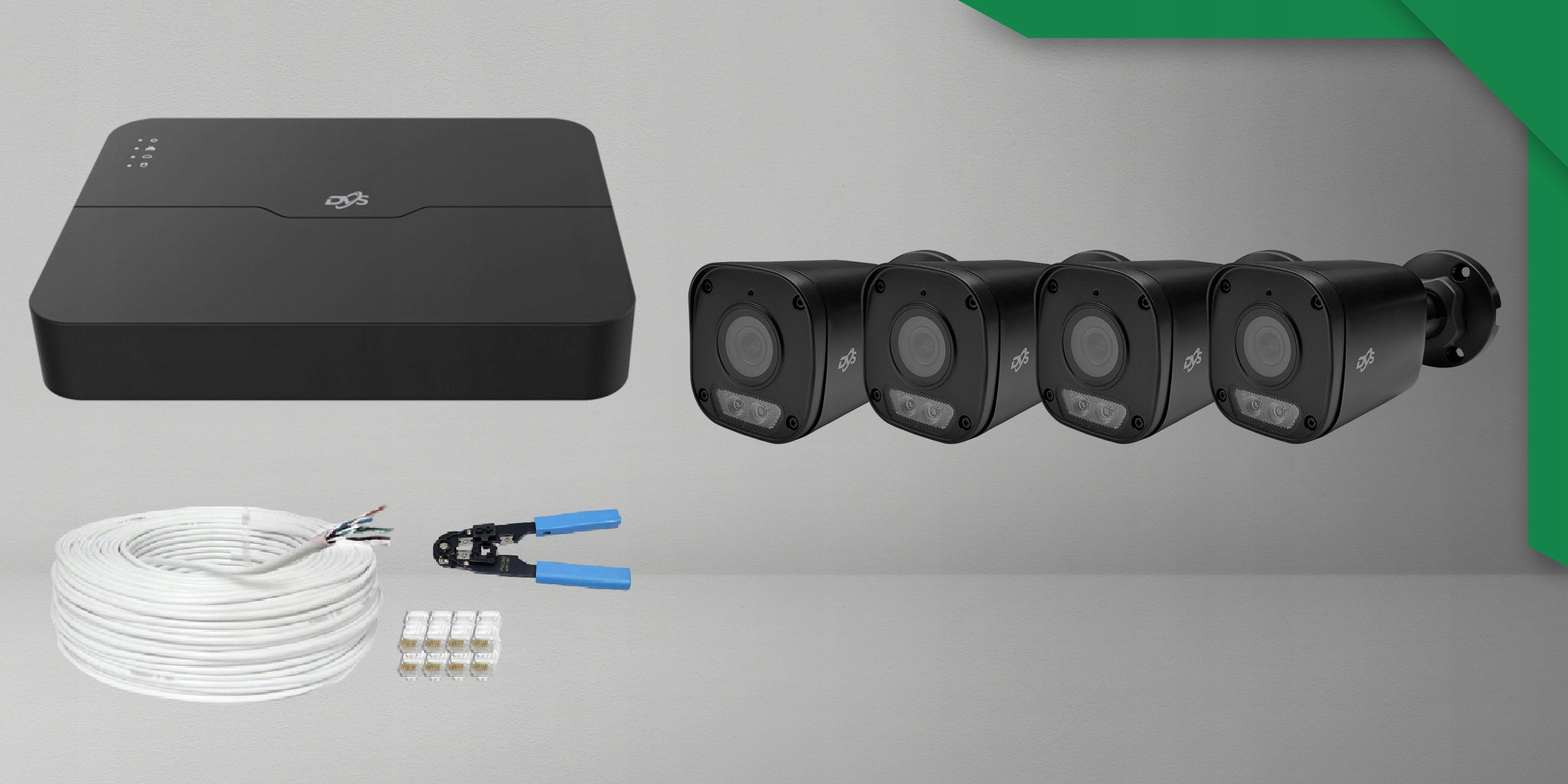 SET OF 4 BLACK CAMERAS FOR MONITORING 8MPX IP POE 4 EXTERNAL CAMERAS Manufacturer code DVS-NVR0401-U8-PoE+4xDVS-MP8028UTS-IP SMART