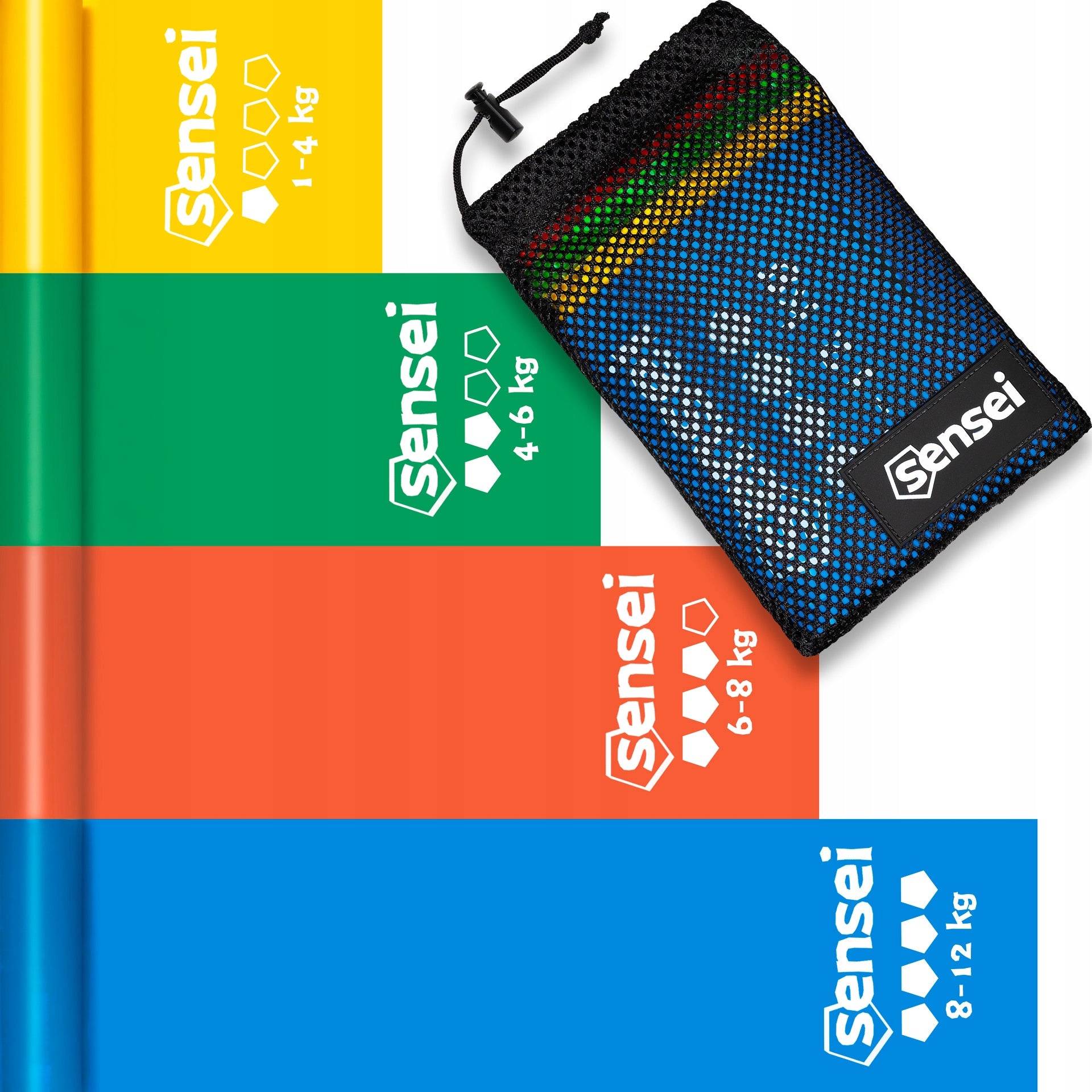 SET OF 4 EXERCISE TAPES, LONG RESISTANCE RUBBERS 2 m - Fitness, Rehabilitation Brand Sensei