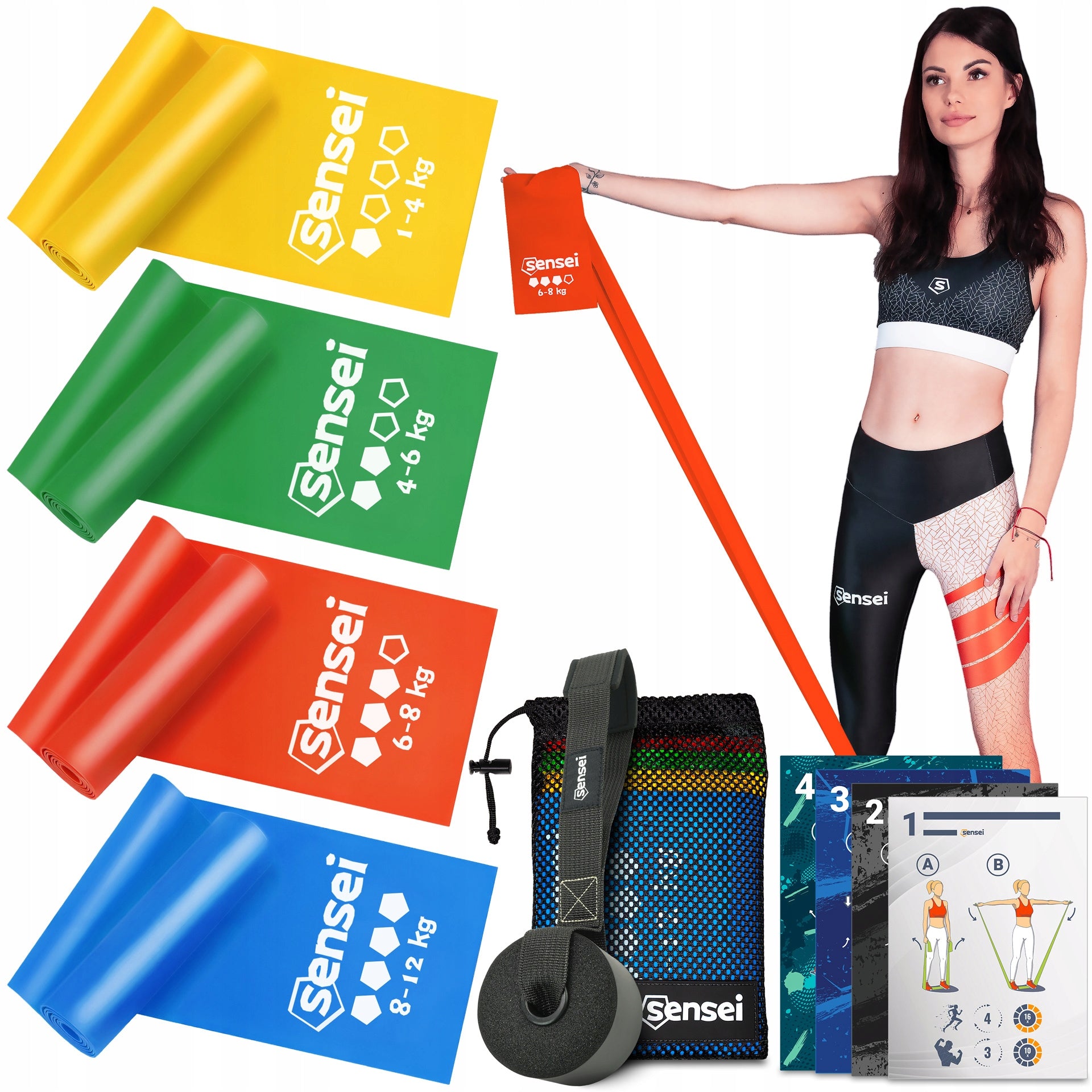 SET OF 4 EXERCISE TAPES, REHABILITATION, LONG RESISTANCE RUBBERS 2 m + HANDLE