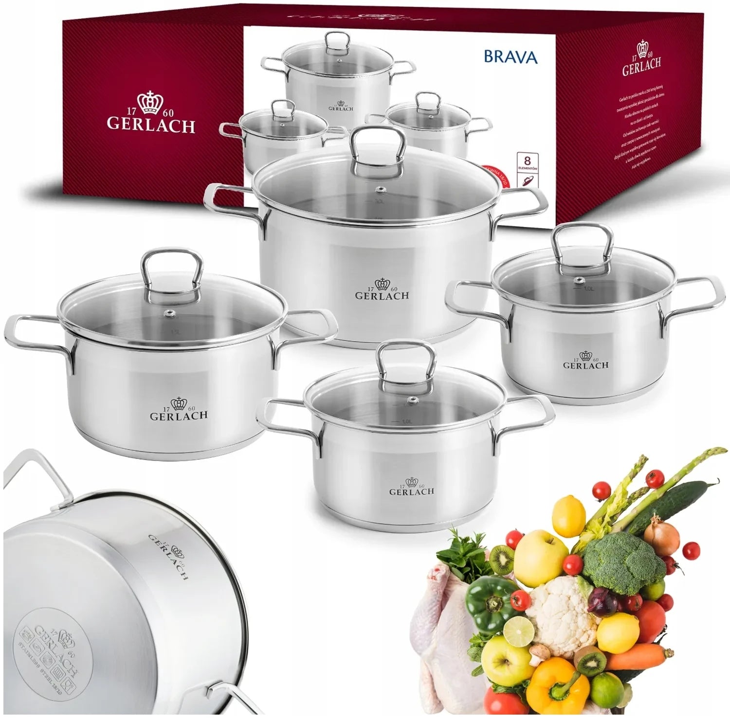 SET OF 4 POTS GERLACH INDUCTION GAS BRAVA STAINLESS STEEL 4 LIDS