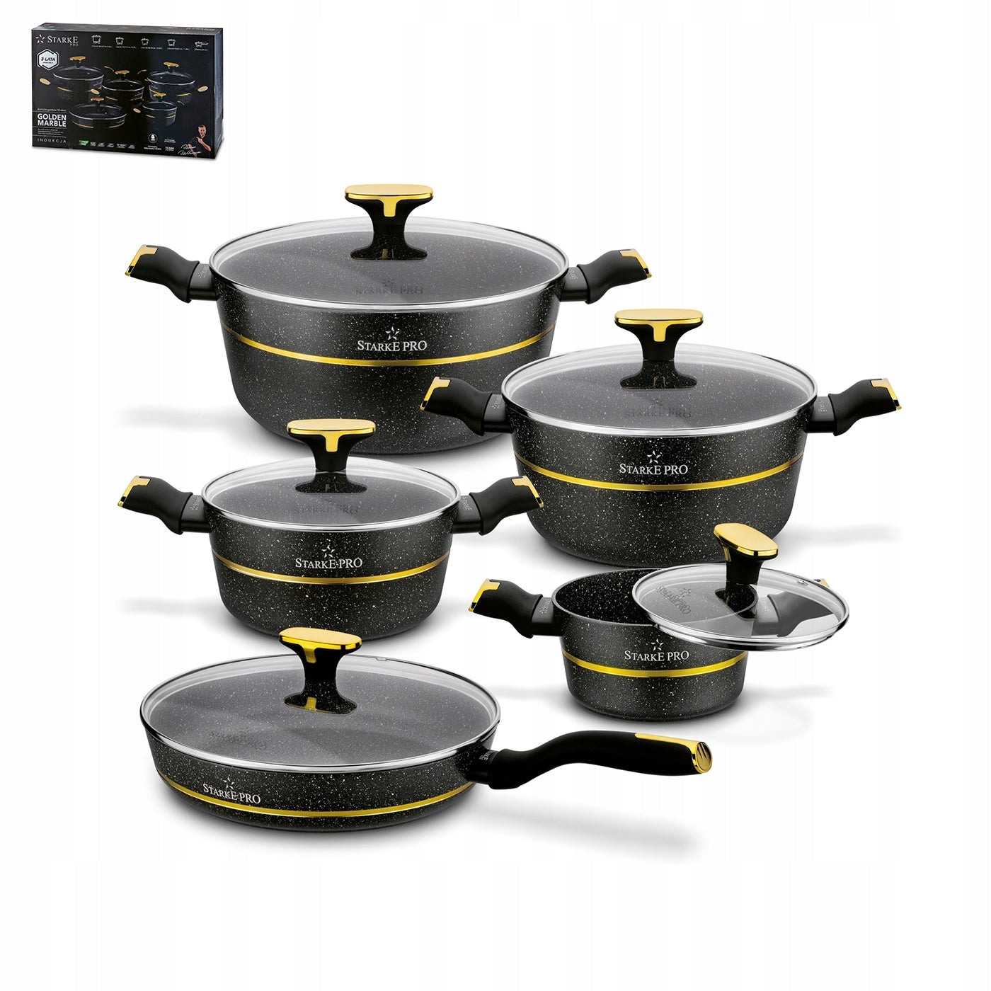 SET OF 4 POTS with lids + PAN 10 el Golden Marble Starke Pro