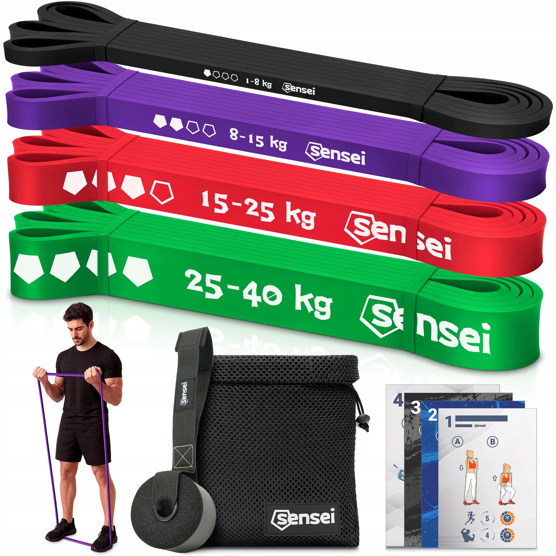 SET OF 4 RUBBER POWER BAND + HANDLE, Resistance Exercise Tapes, Pull-Ups