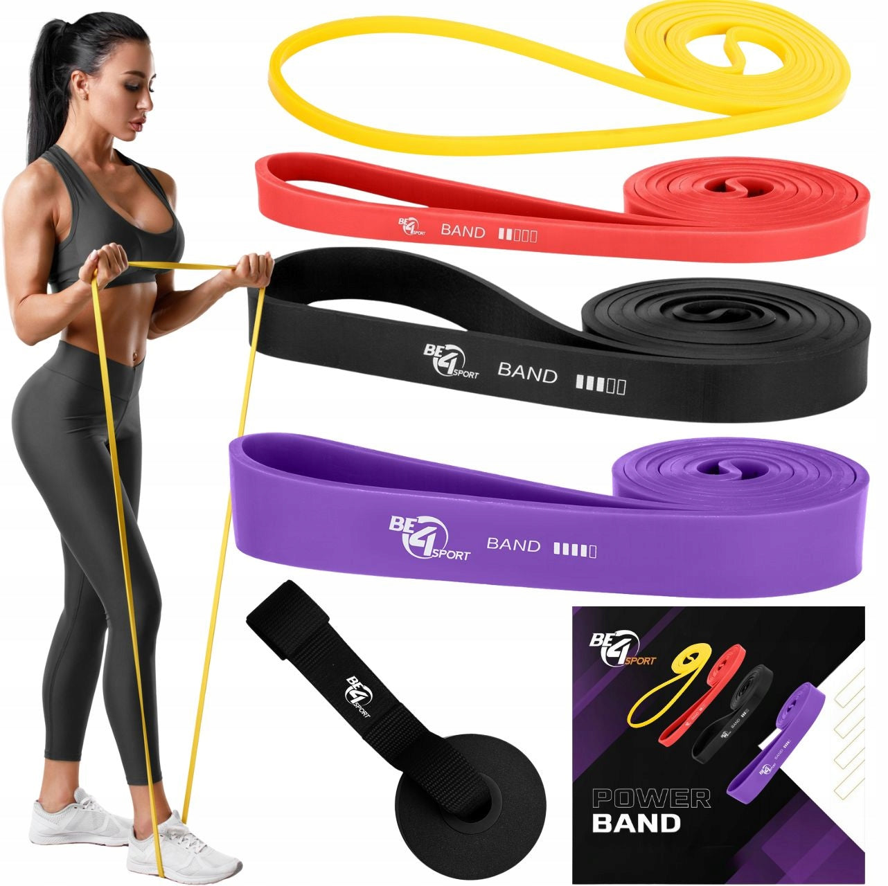 SET OF 4 RUBBER POWER BAND + RESISTANCE RUBBER HOLDER FOR PULL-UP RESISTANCE 2-36kg