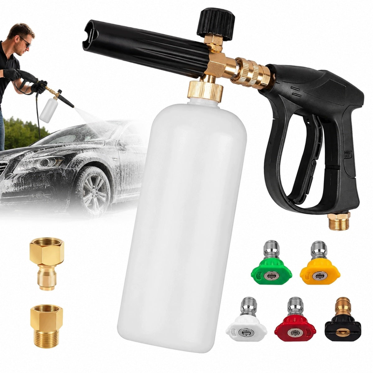 SET OF 5 NOZZLES FOR PRESSURE WASHER QUICK COUPLER FOAMER 1L