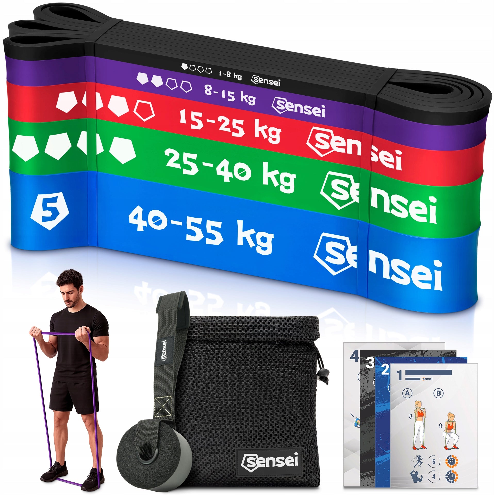 SET OF 5 RUBBER POWER BAND + HANDLE, Resistance Exercise Tapes, Pull-Ups