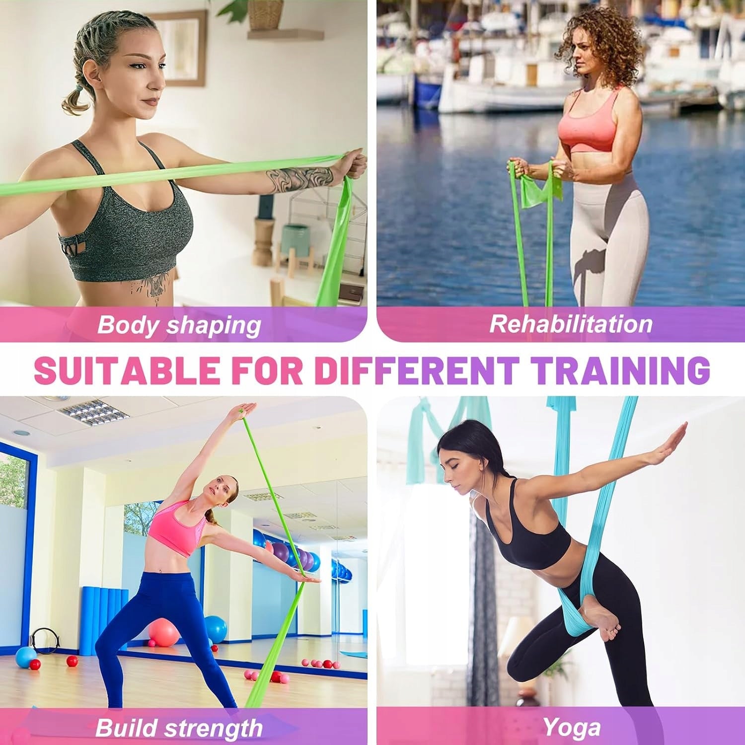 SET OF 5 RUBBER TAPES FOR FITNESS REHABILITATION TRAINING EXERCISES 1,5M Width 150 mm
