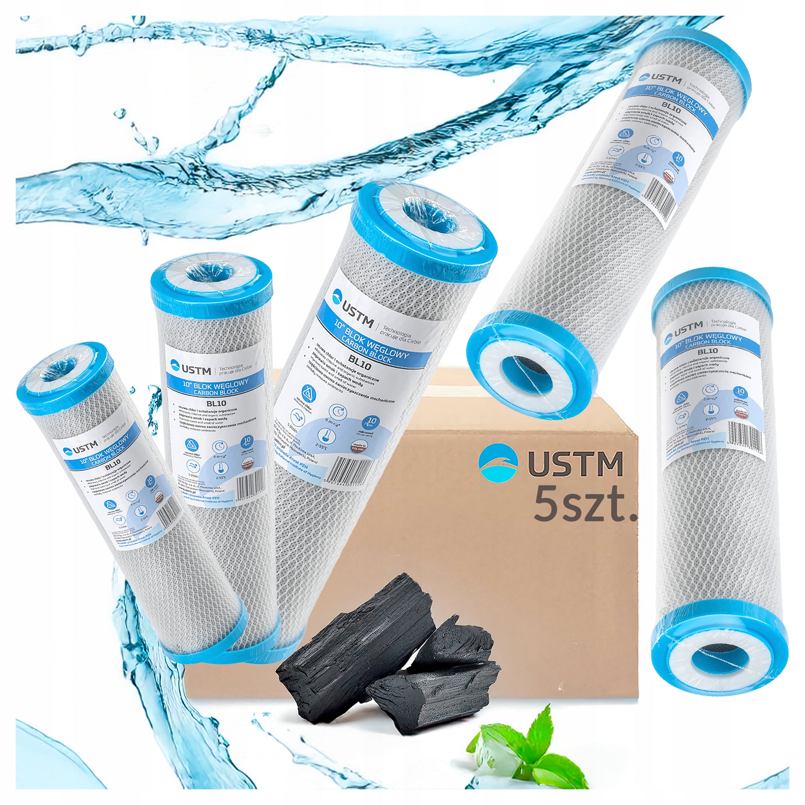 SET OF 5 WATER FILTERS CARBON CARTRIDGE 10" CARBON BLOCK BL10 USTM