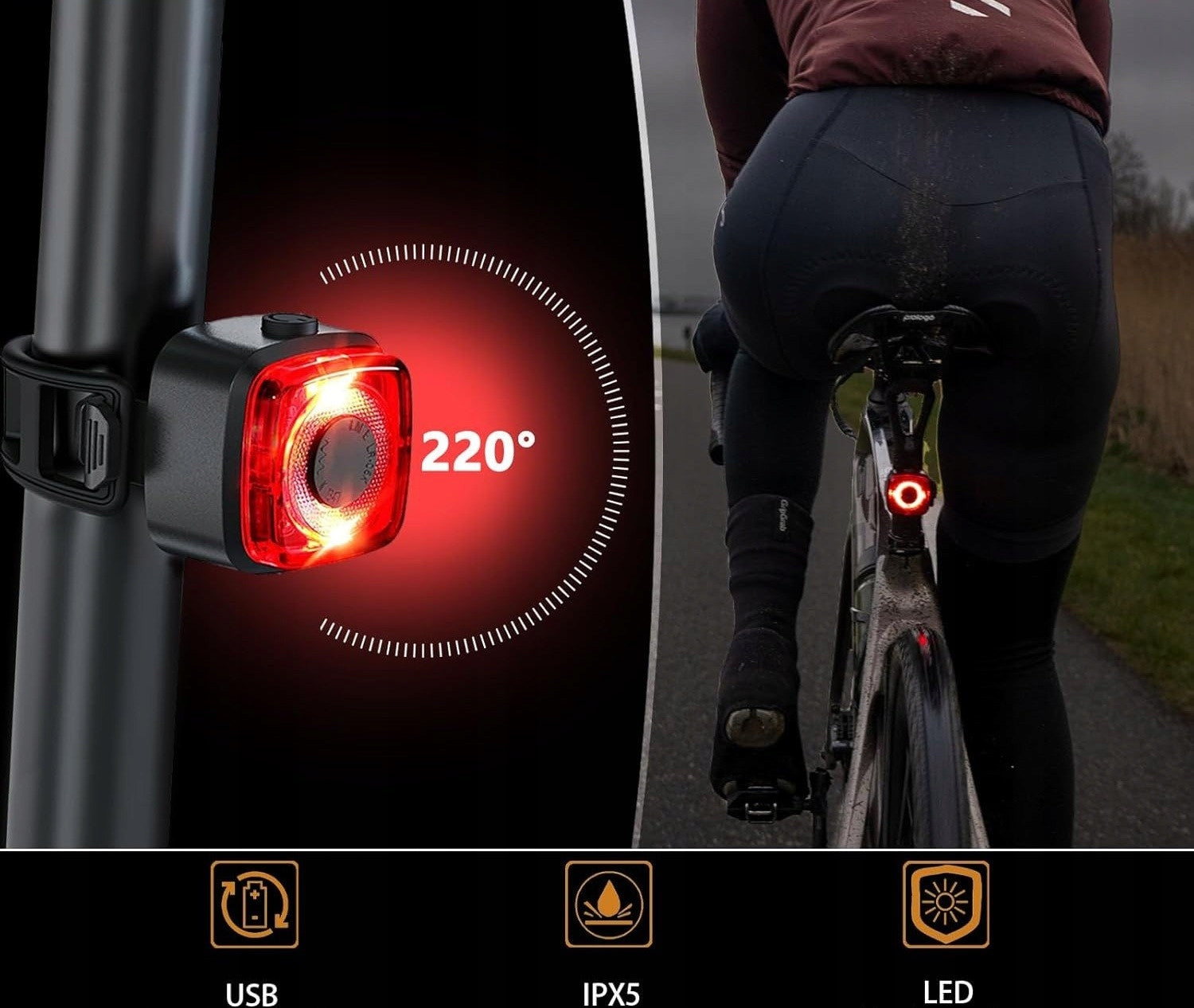 SET OF BICYCLE LIGHTS FRONT REAR LED 100 LUX IPX5 APPROVAL USB-C 2000 Manufacturer code Lampka rowerowa led Z KLAKSONEM przód tył