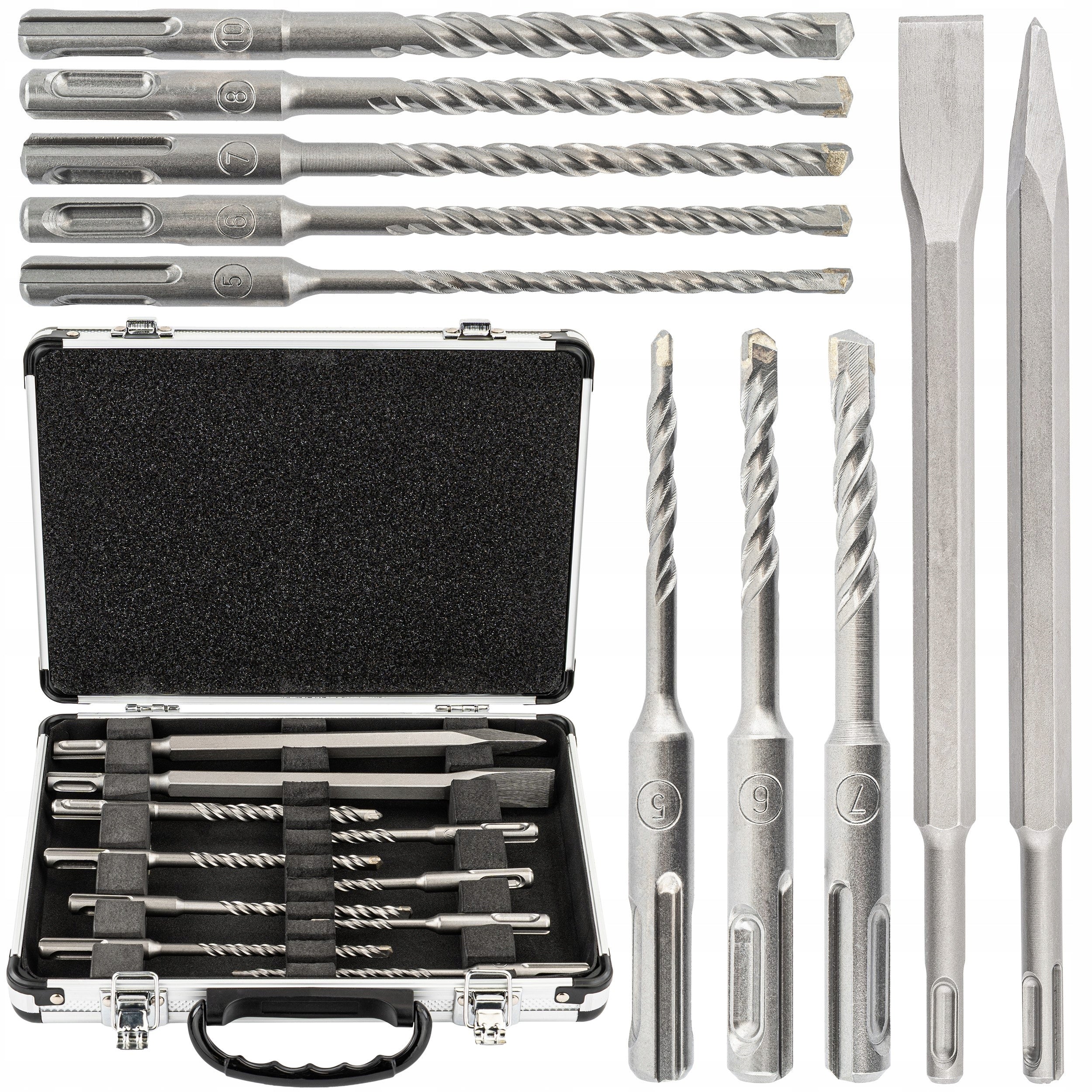 SET OF DRILL BITS AND CHISELS SDS PLUS DURABLE 10 PCS FOR DRILLING CONCRETE FORGING