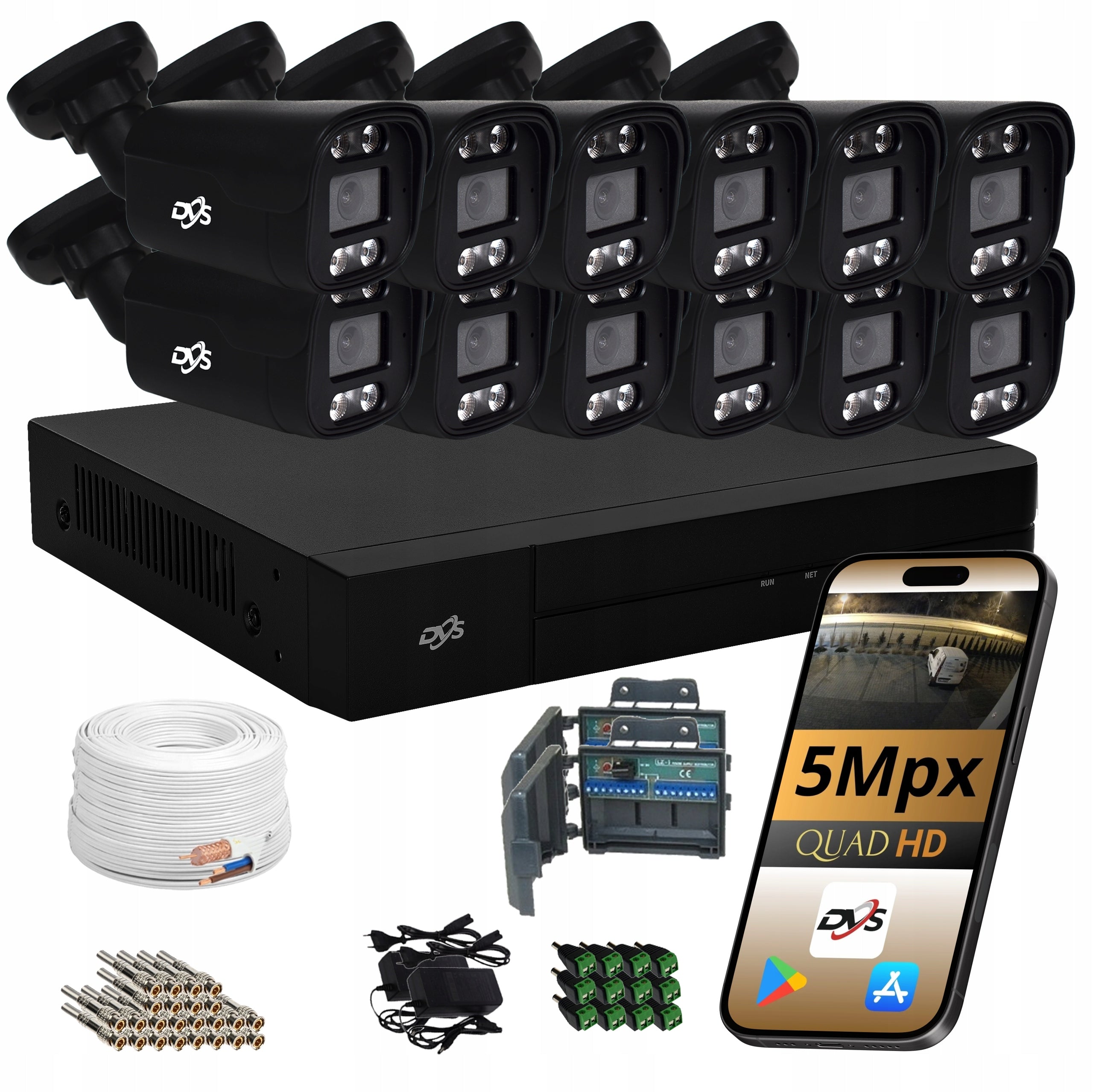 SET OF EXTERNAL CAMERAS 12x BLACK CAMERA 5Mpx TUBE MONITORING ANALOG DVS
