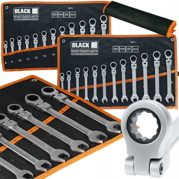 SET OF FLAT RATCHET WRENCHES BROKEN 8-19mm 12PC SHEET BLACK